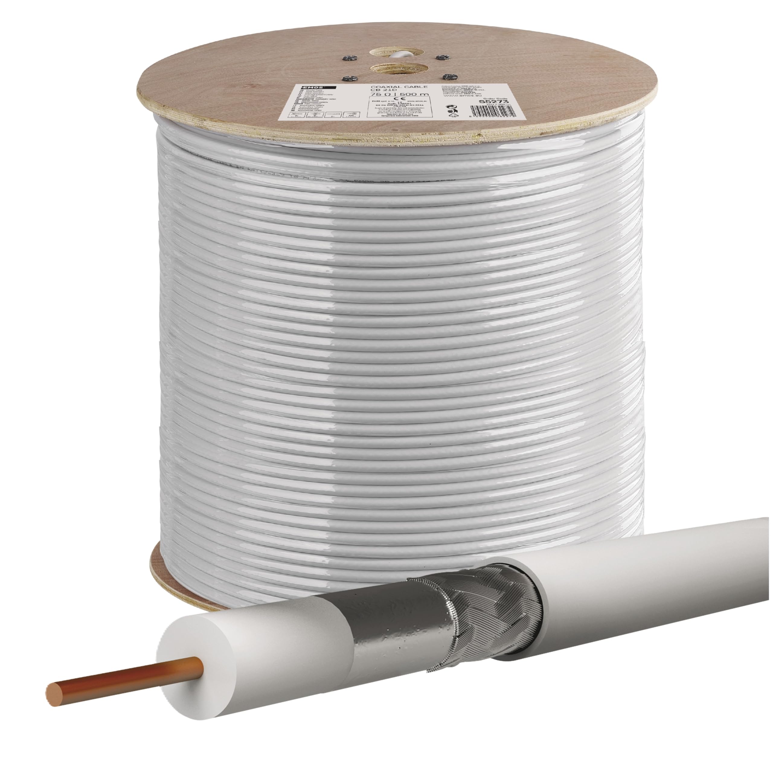 EMOS Cable coaxial de 500 m para satélite, TV y CCTV, tipo CB21D, doble apantallamiento, doble apantallamiento, resistencia 75 ohmios, color blanco