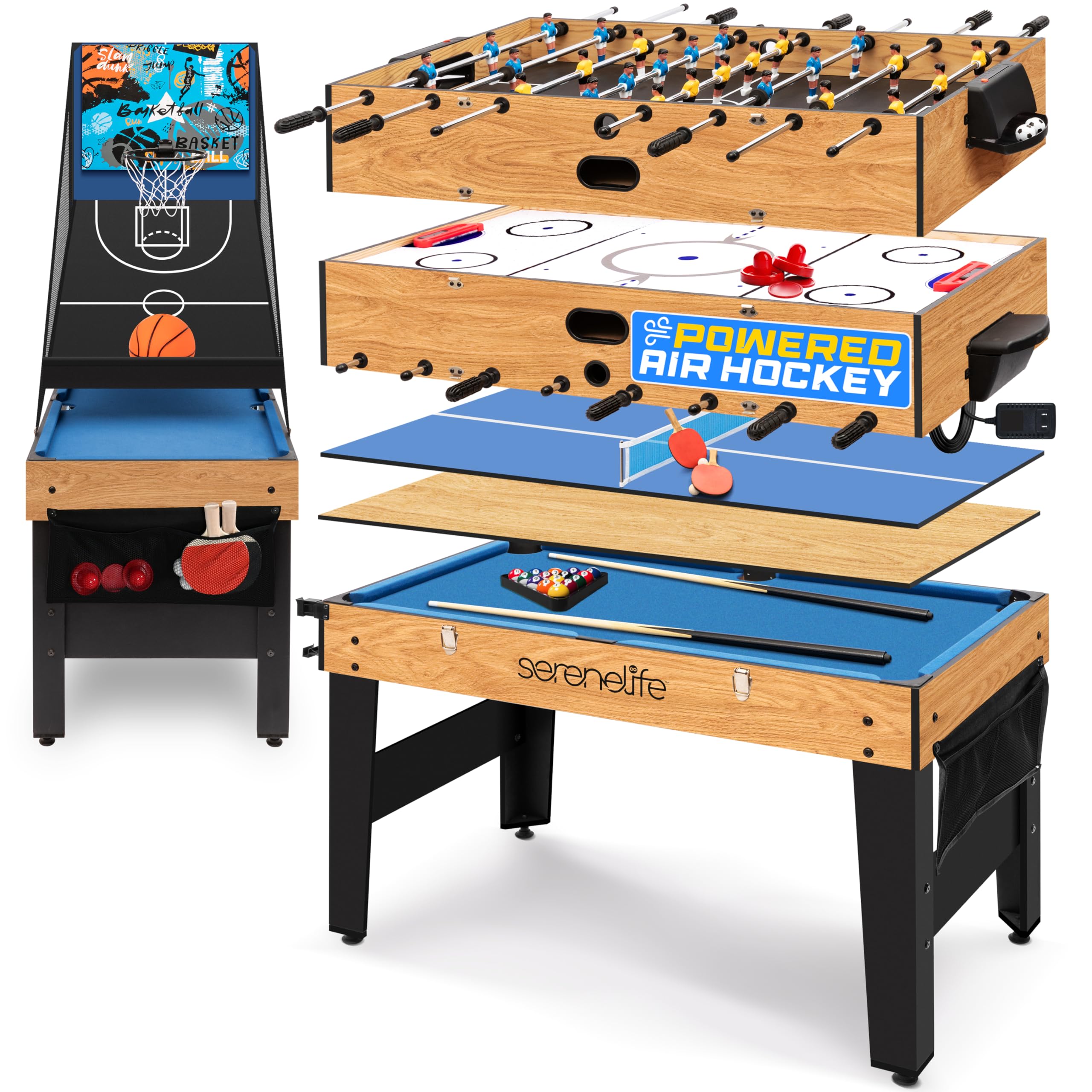 SereneLife 48" 6-in-1 Multi-Game Electric Air Hockey, Foosball Soccer, Pool, Ping Pong, Basketball, Table Tennis Ping Pong, Full-Size Game Table, Endless Family Fun - All Accessories Included