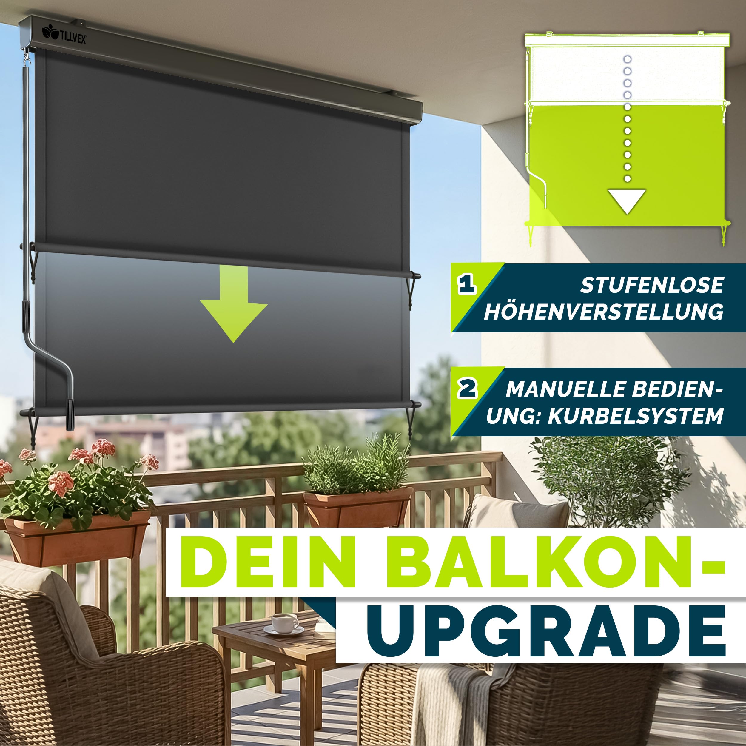 tillvex® Senkrechtmarkise 200 x 250 cm für Außen- und Innenbereich mit Regencover | Außenrollo wasserfest mit Handkurbel für Balkon, Terrasse & Garten | Balkonrollo Sonnenschutz Sichtschutz Aluminium