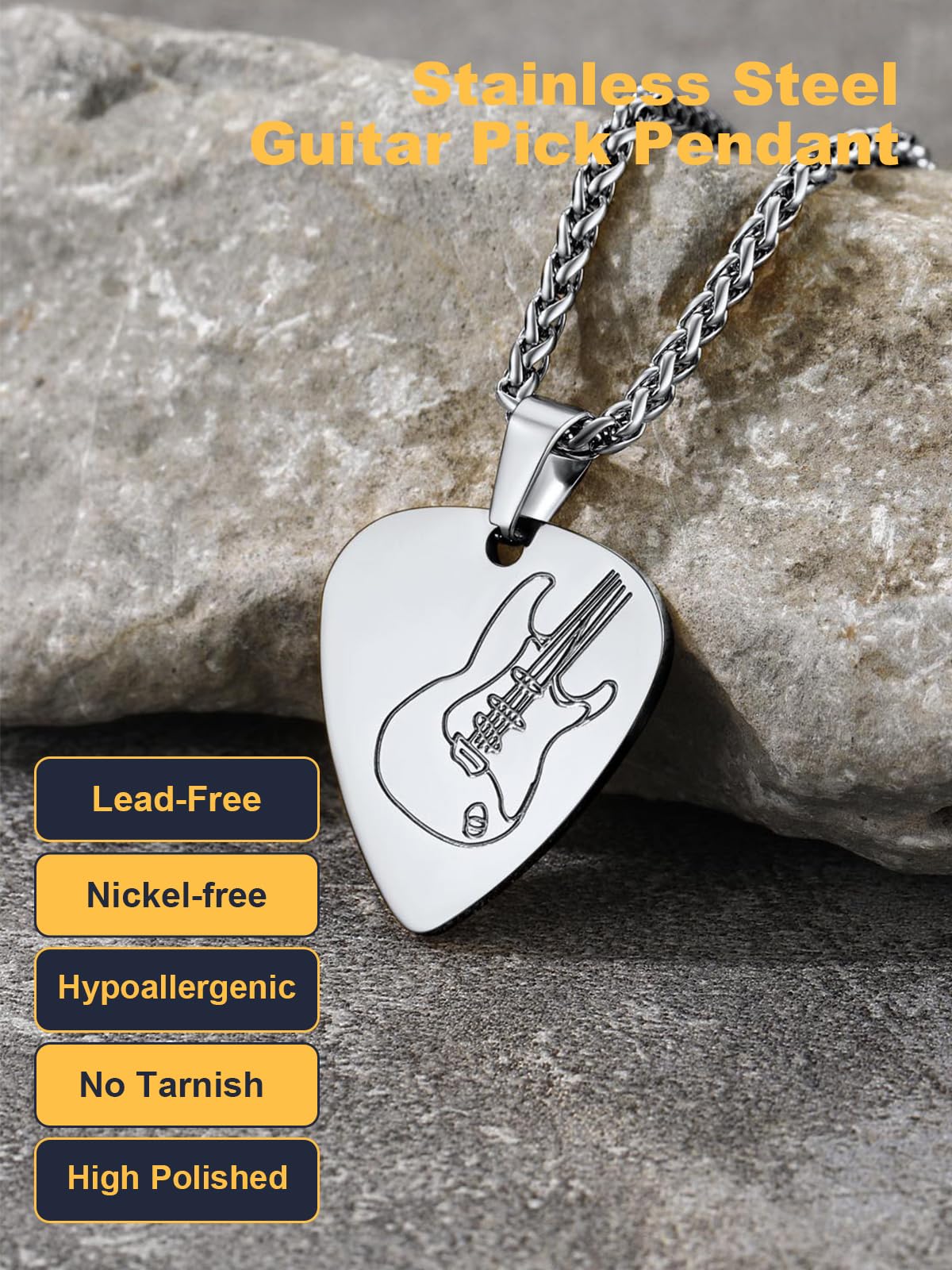 U7 Collana Uomo Ciondolo Chitarra Plettro, 8 Stili Musica Collana Plettro con Chitarra, Argento/Nero/Oro Collana Uomo Acciaio, Collana da Rapper Bambino Chitarristi Rock, Gioielli Personalizzati