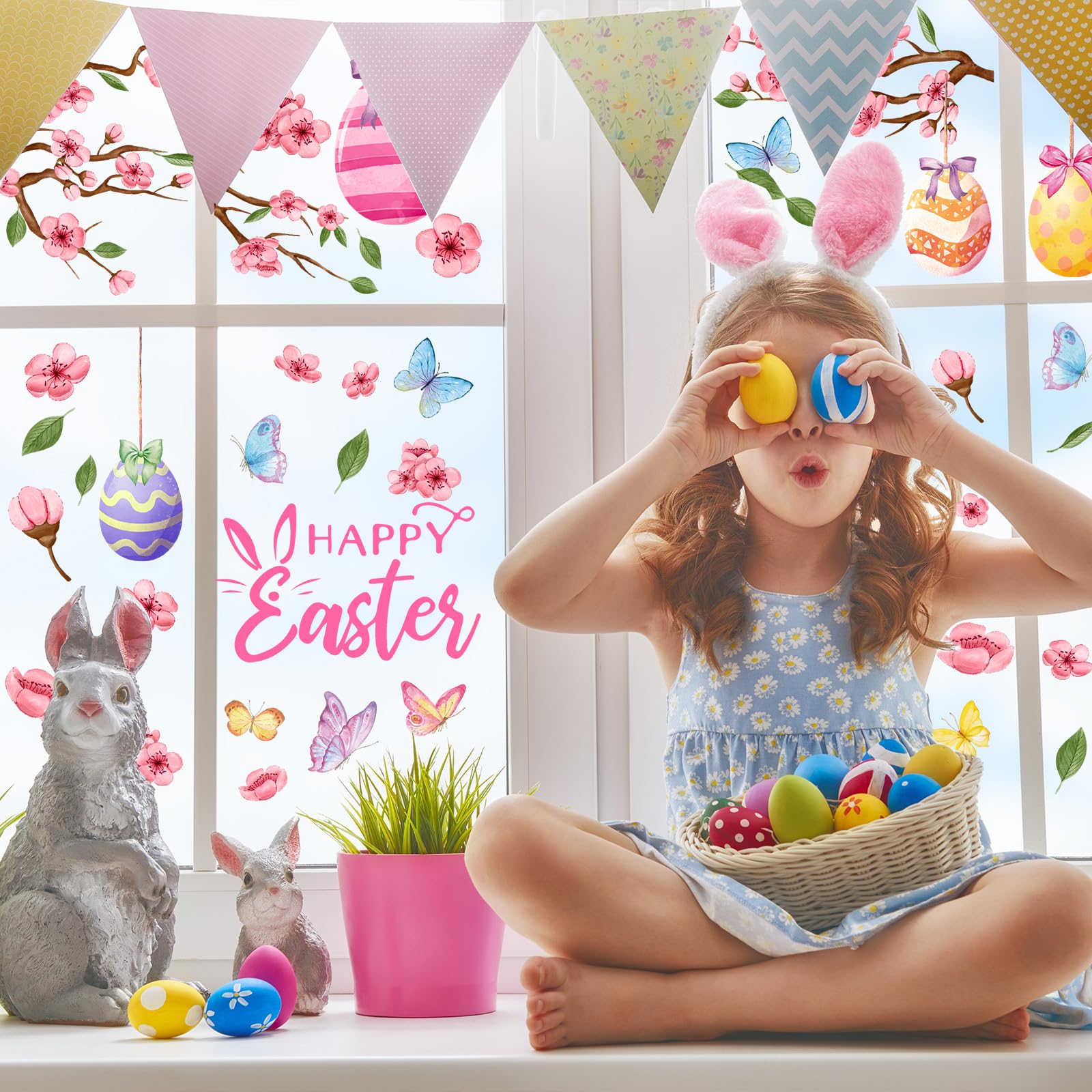 Waline 6 Sheets Easter Eggs Watercolor Egg Flower Butterfly Window Decal Double-Sided Spring Tree Decor for Shop Glass Display Home Office School Supplies