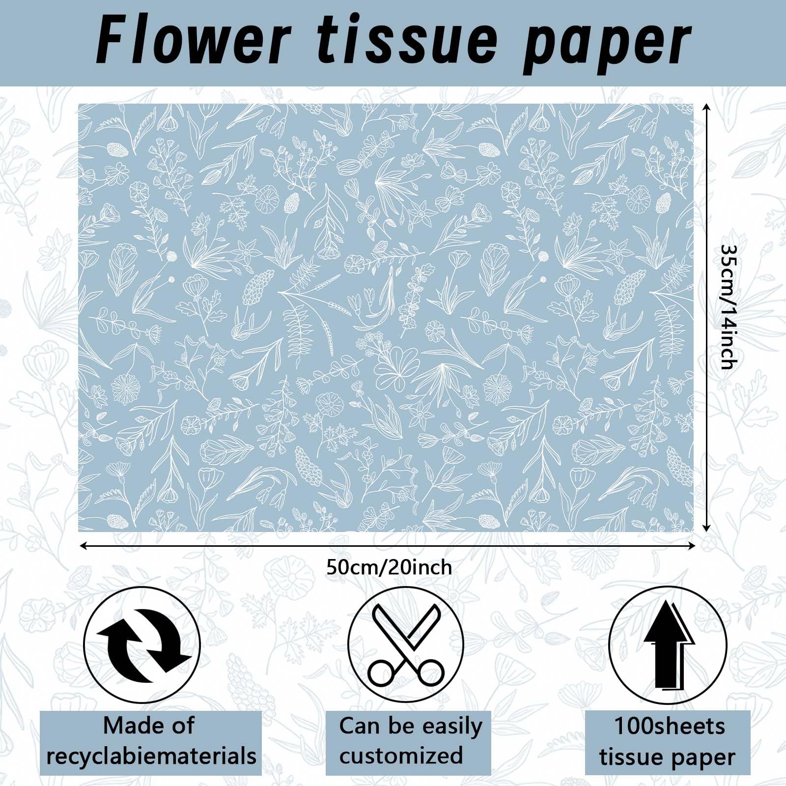 Lot de 100 feuilles de papier de soie à imprimé floral bleu poudré pour emballage cadeau, sac cadeau, décoration botanique, pour mariage, fête prénatale, loisirs créatifs