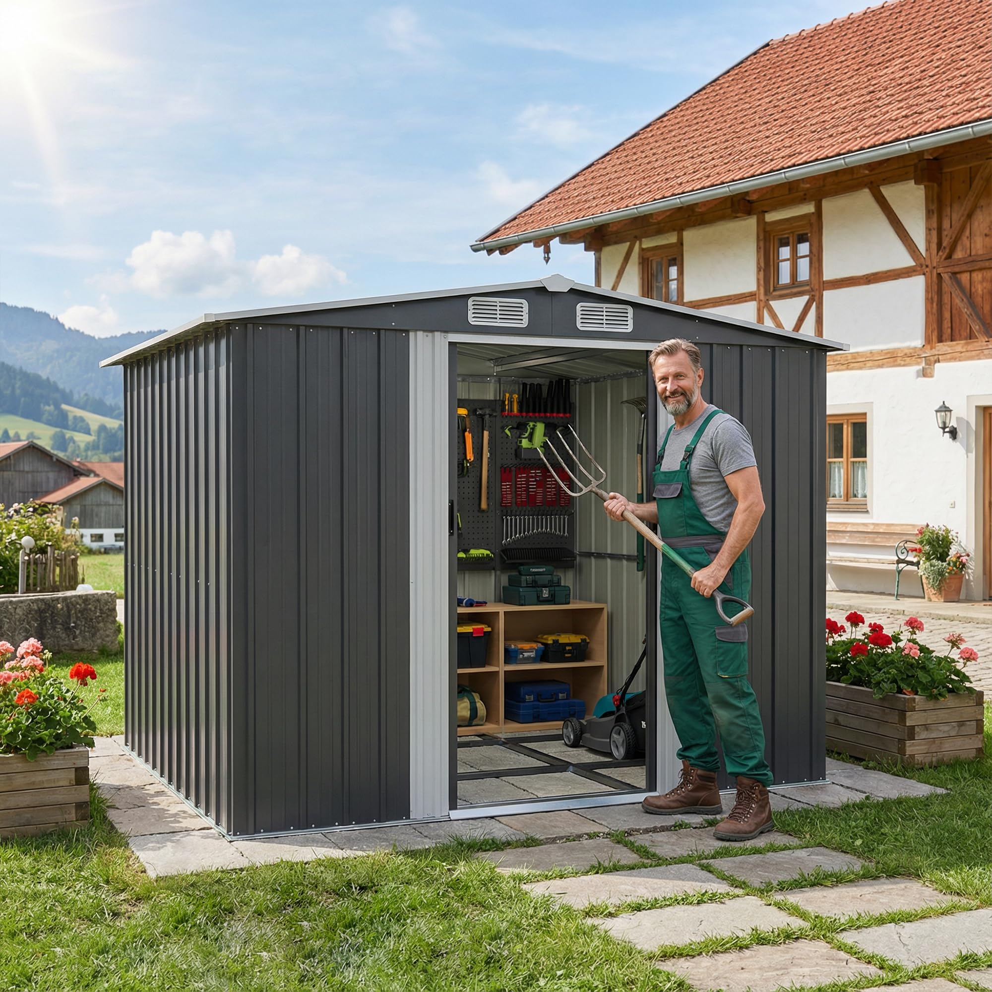 Devoko Gerätehaus Metall Groß, 234 x 200 x 192 cm, 8.9 m³ Geräteschuppen mit Fundament, Schiebtür und Pultdach, Inkl. Handschuhe, Gartenschuppen für Rasenmäher Fahrräder, Anthrazit