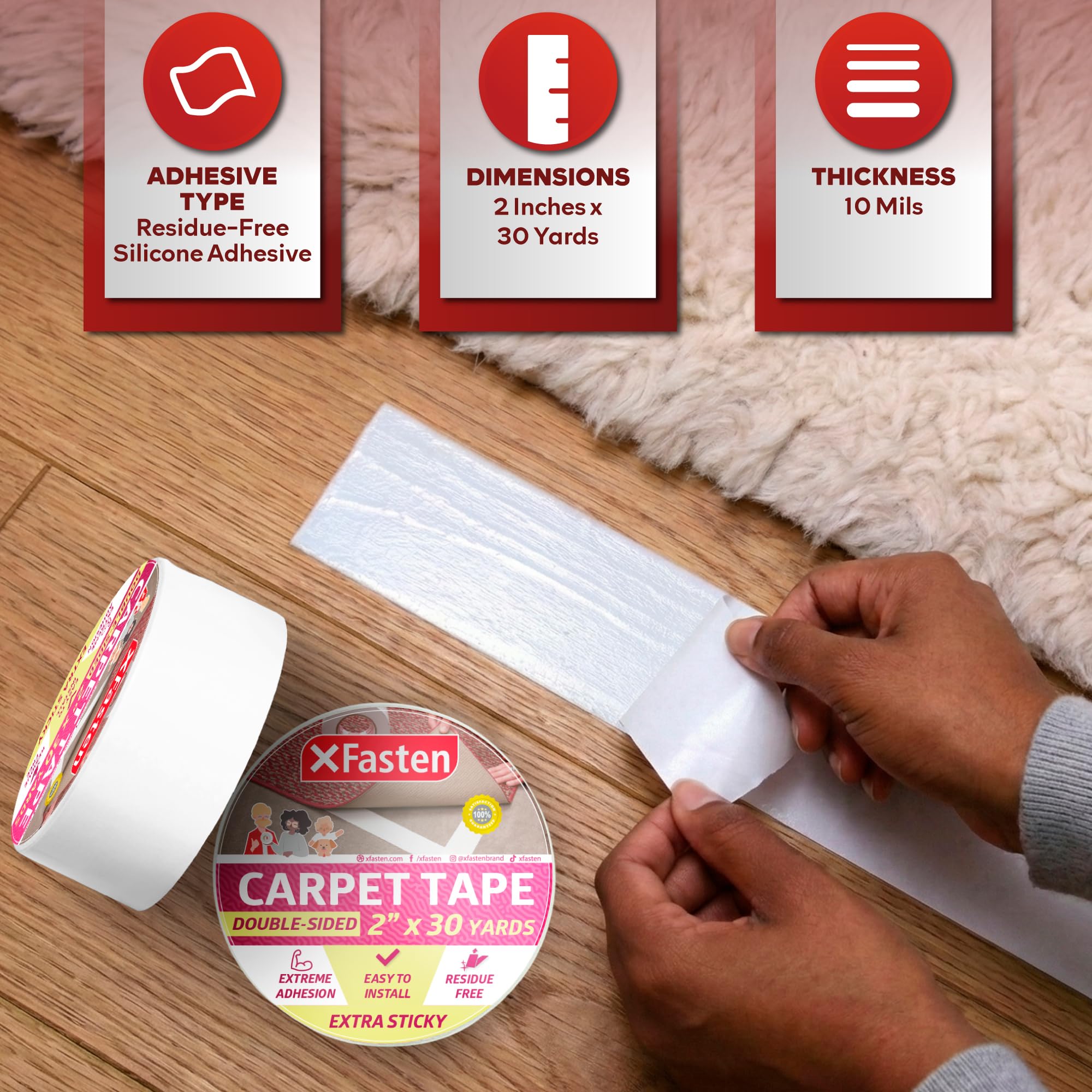 XFasten Cinta adhesiva de doble cara súper fuerte, extra adhesiva, 2 pulgadas por 30 yardas, cinta de agarre, ideal para hogares con alto tráfico de pies y mascotas grandes