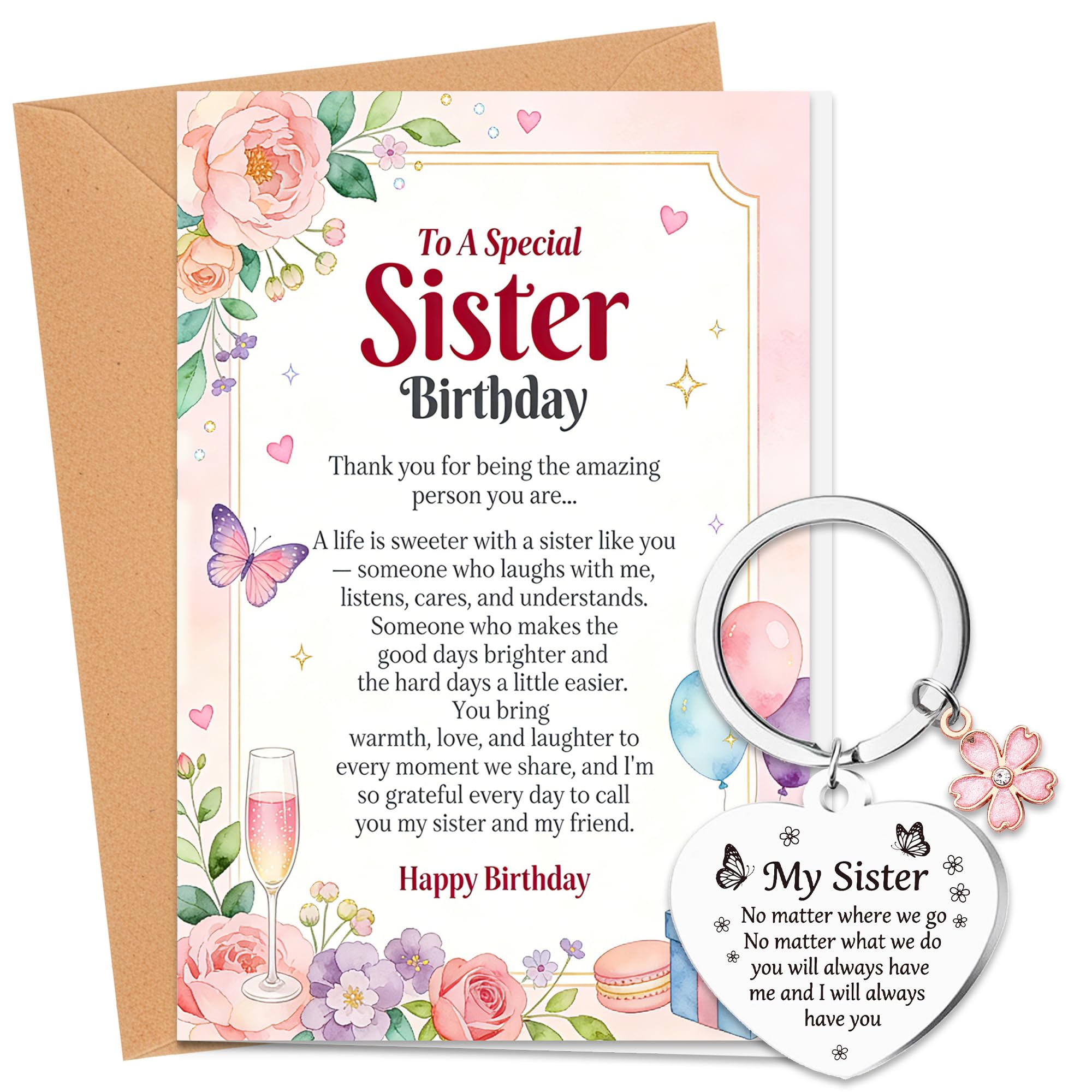 Sister Happy Birthday Card Gifts with Heart Keyring and Envelope
