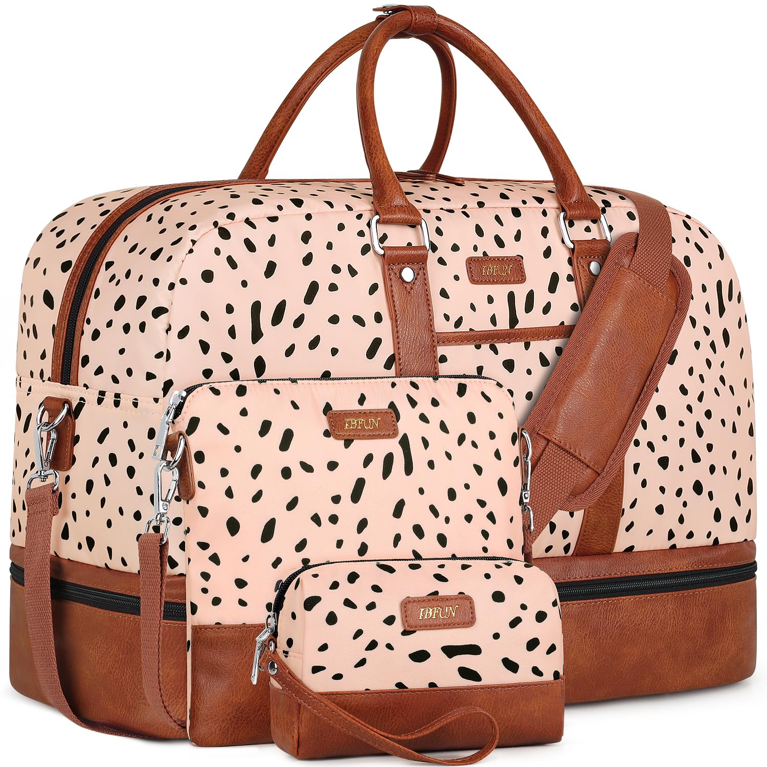 Weekender Bags for Women, Large Overnight Bag Canvas Travel Duffel Bag Carry On Tote with Shoe Compartment 21" 3Pcs Set, A03-brown+pink leopard, L, Practical