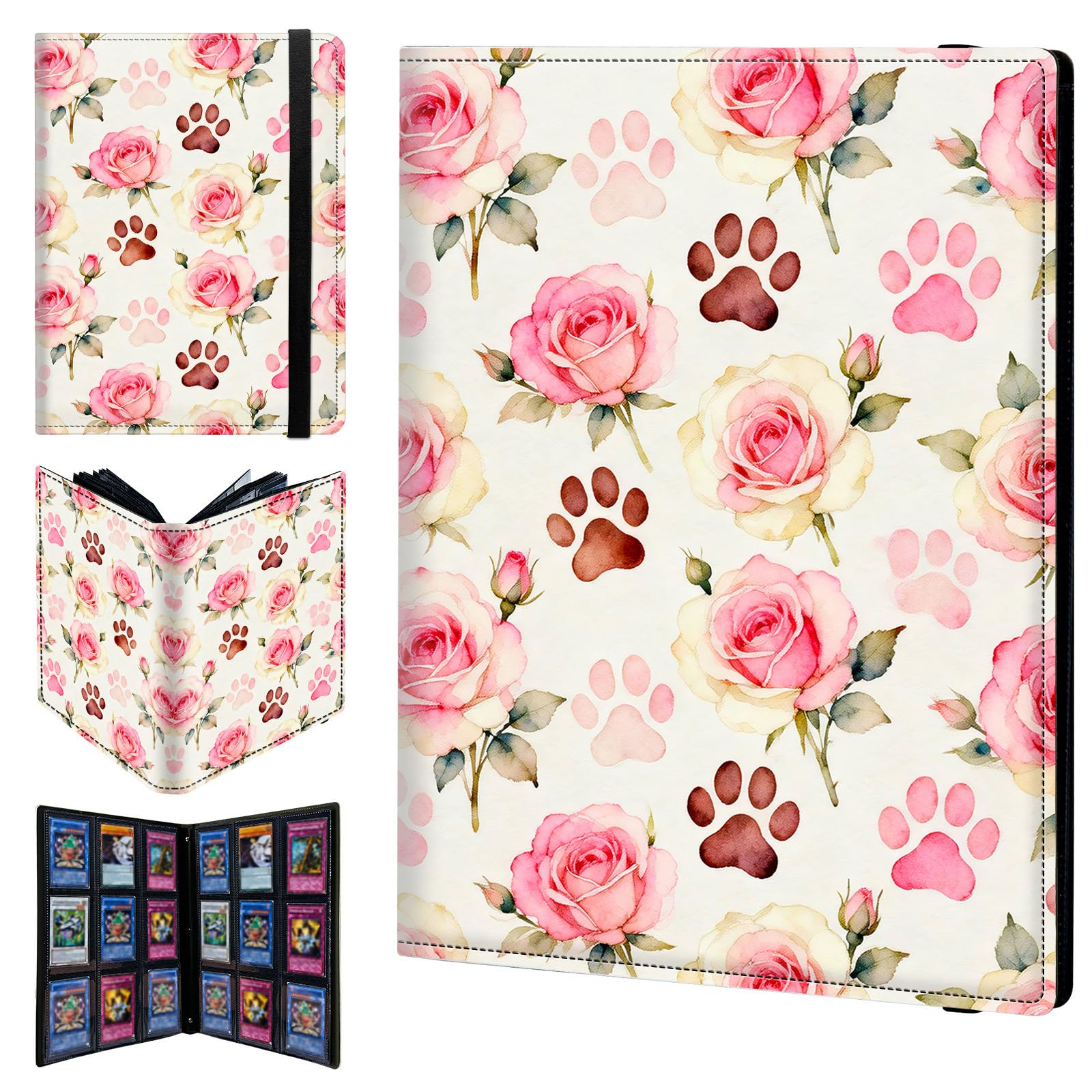 9 Pocket Trading Card Binder 540 Side Loading Pocket Album with Pink Roses and Dog Prints Pattern Design Card Binder for Sports Cards & Game Cards