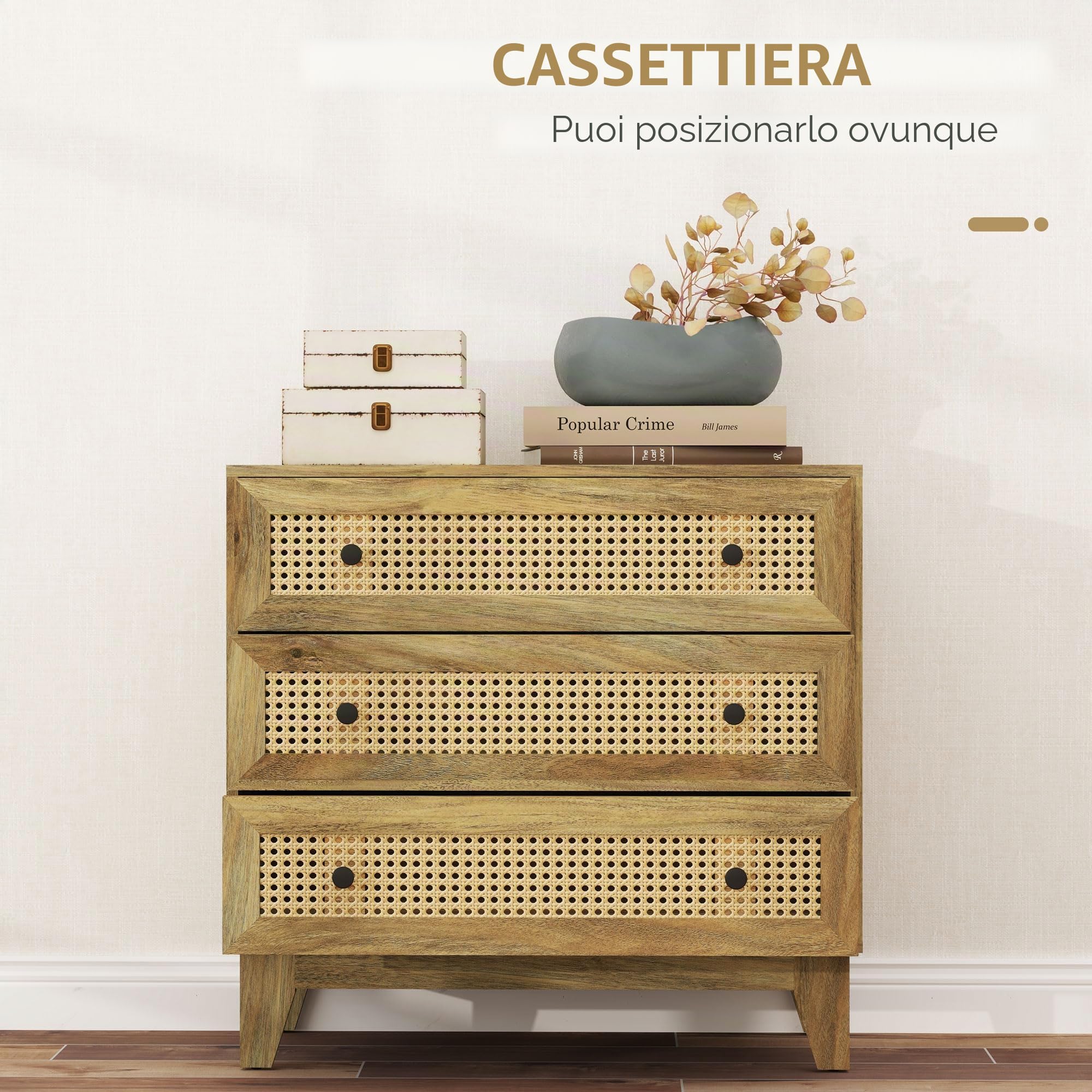 HOMCOM Cassettiera 3 cassetti 80x35x76cm Effetto legno chiaro