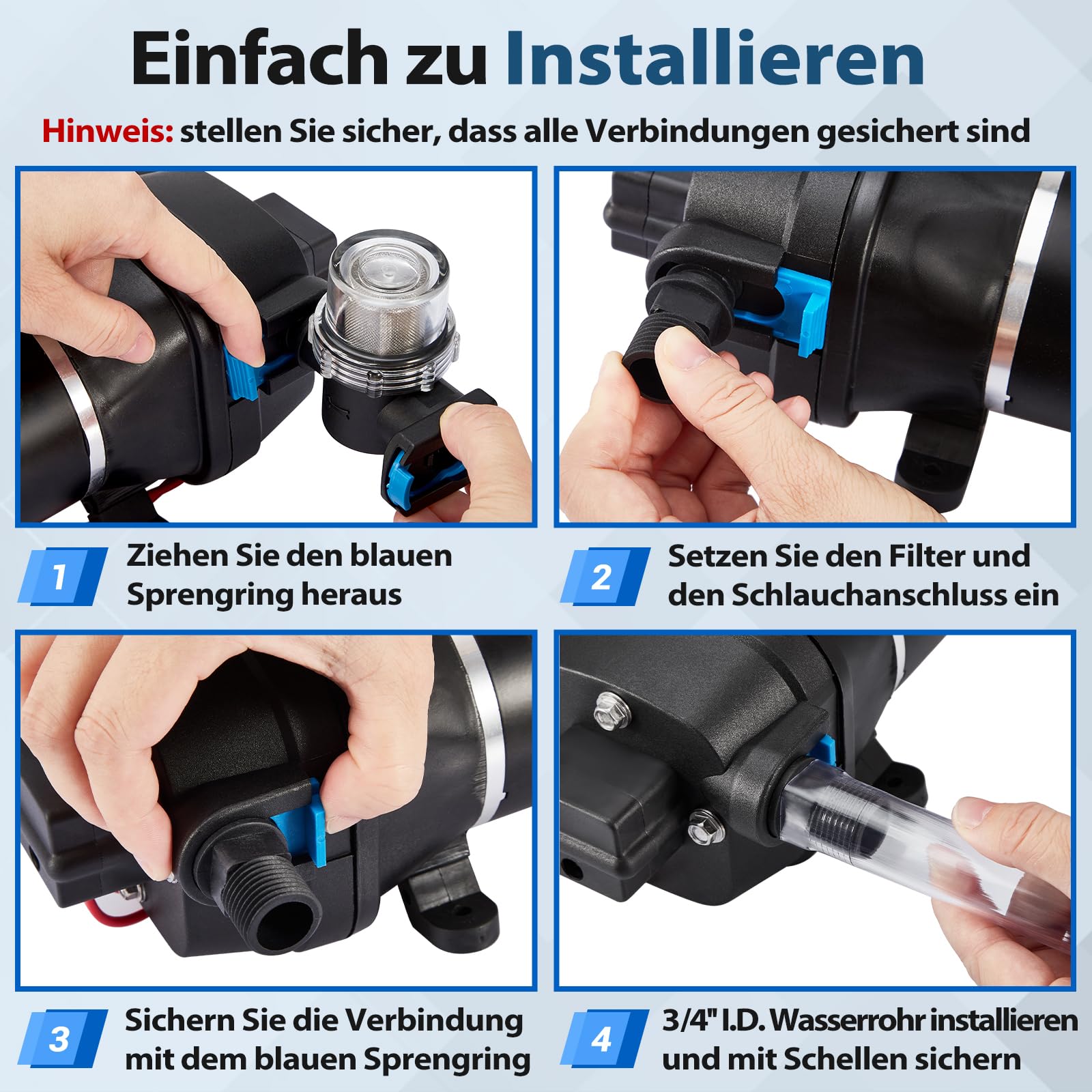Membran Wasserpumpe 12V, Wasserpumpe Wohnmobil Druckwasserpumpe | Diaphragm Pump DC 20,8 LPM mit Maschenfilter, Arbeitsdruck 40 PSI, Leistung 180W Strom 12A, Wasser Pumpe für Camping RV, Boot