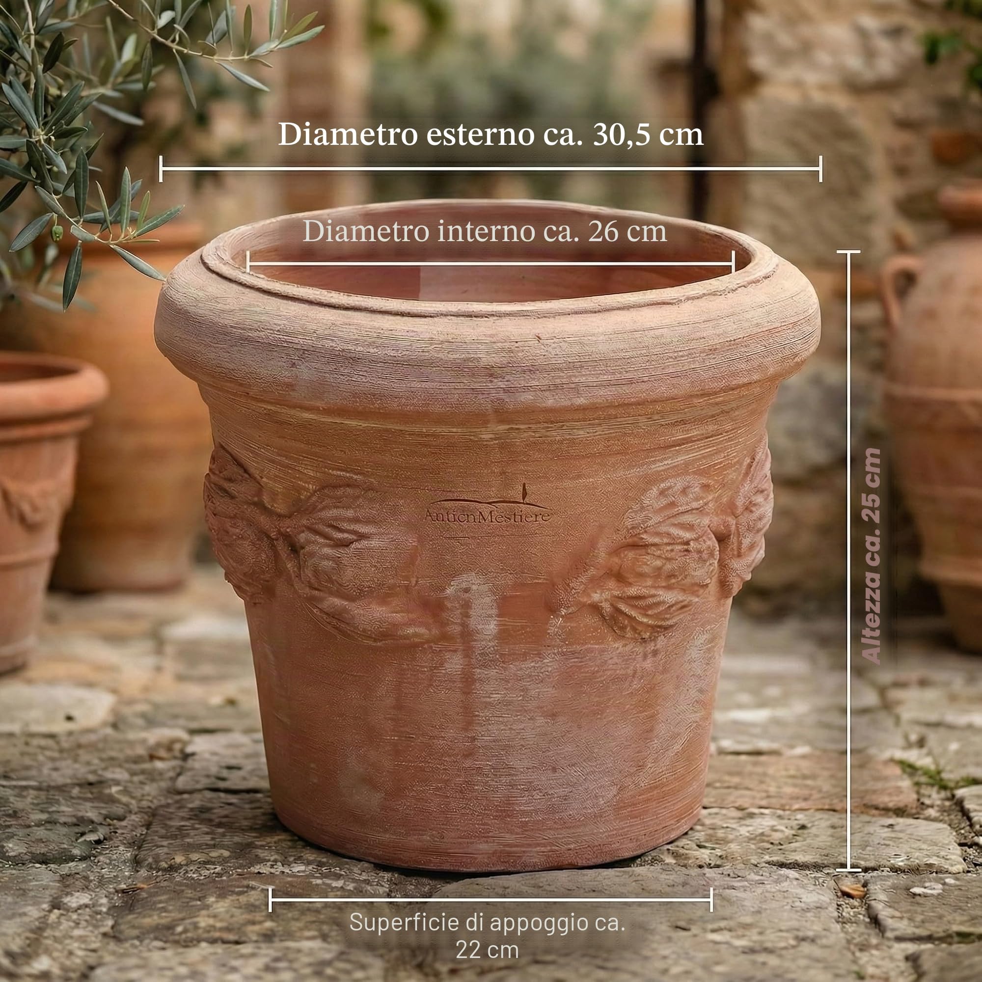Teramico Liscio Toscana Limoni Toscana - Vaso da fiori in terracotta artigianale italiana, 25 cm - 40 cm, assolutamente resistente al gelo, terracotta italiana (30cm, Limoni Toscana)