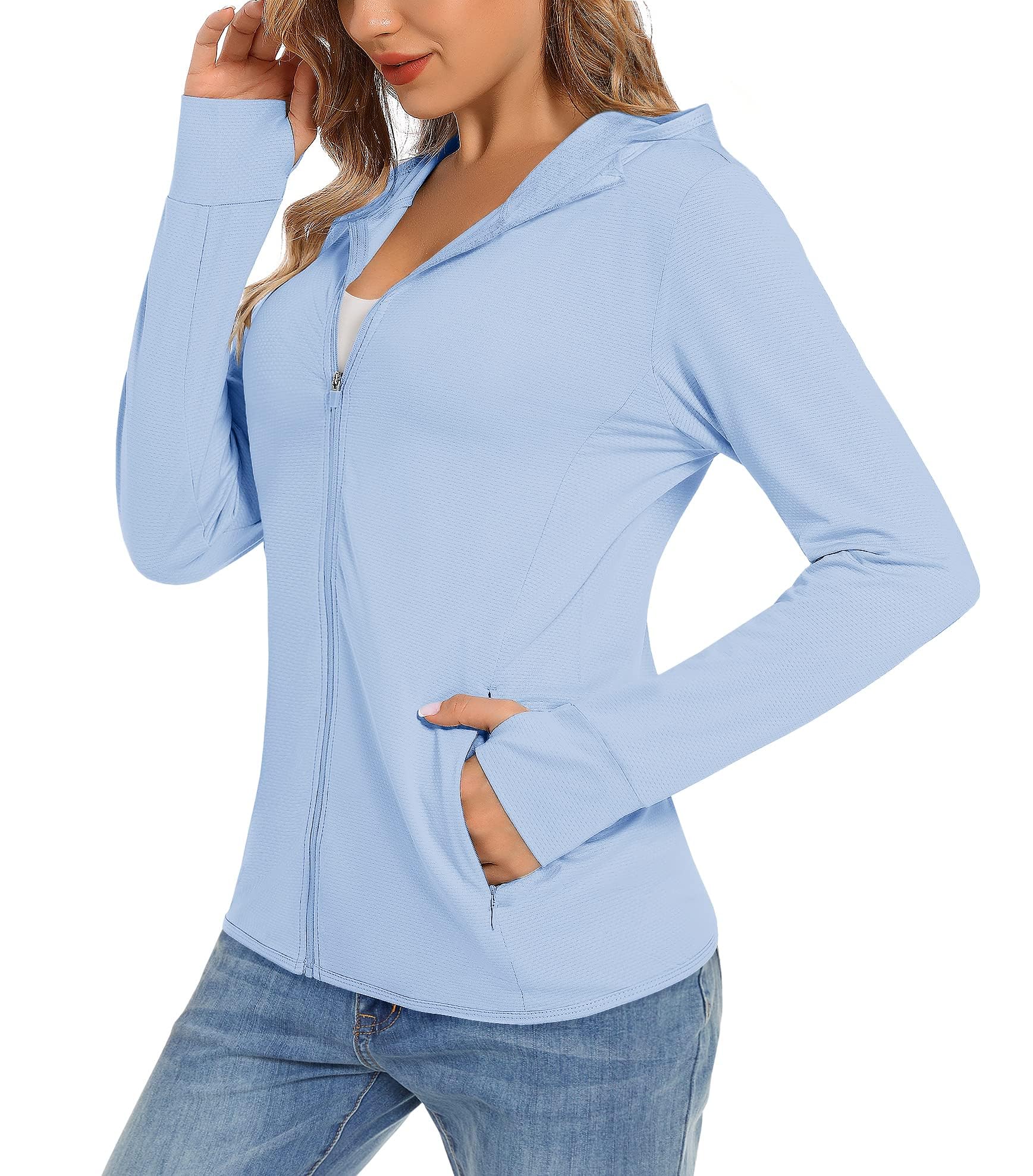 TACVASEN Damen UV Shirt Kapuze Jacke Langarm Laufshirt Schnelltrocknend Sportshirt Full Zip Sun Hoodie mit Daumenloch