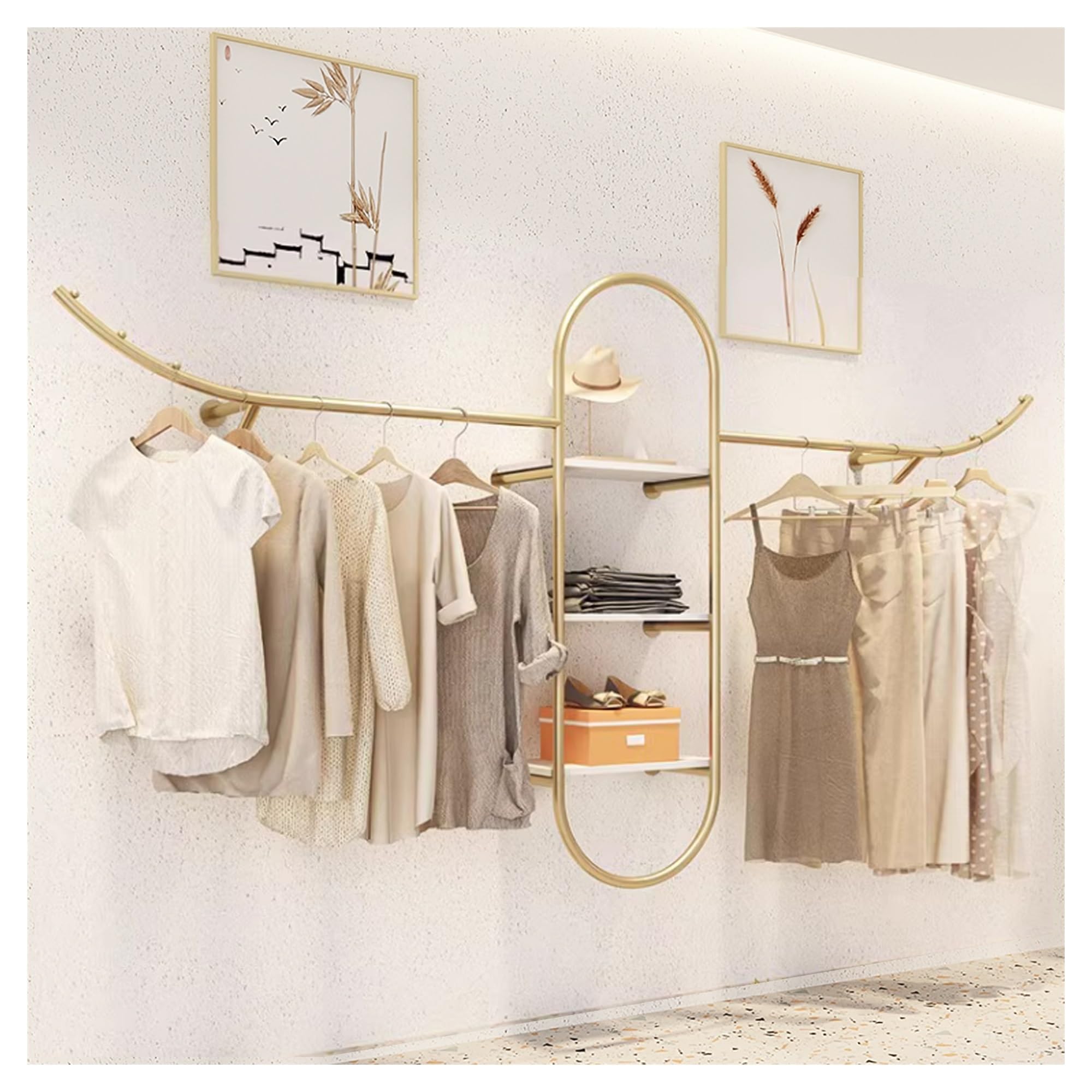 Creative Display Garment Racks in Boutique Clothing Stores Clothing Store Display Furniture Wall Mounted Golden Clothes Hanging Rack