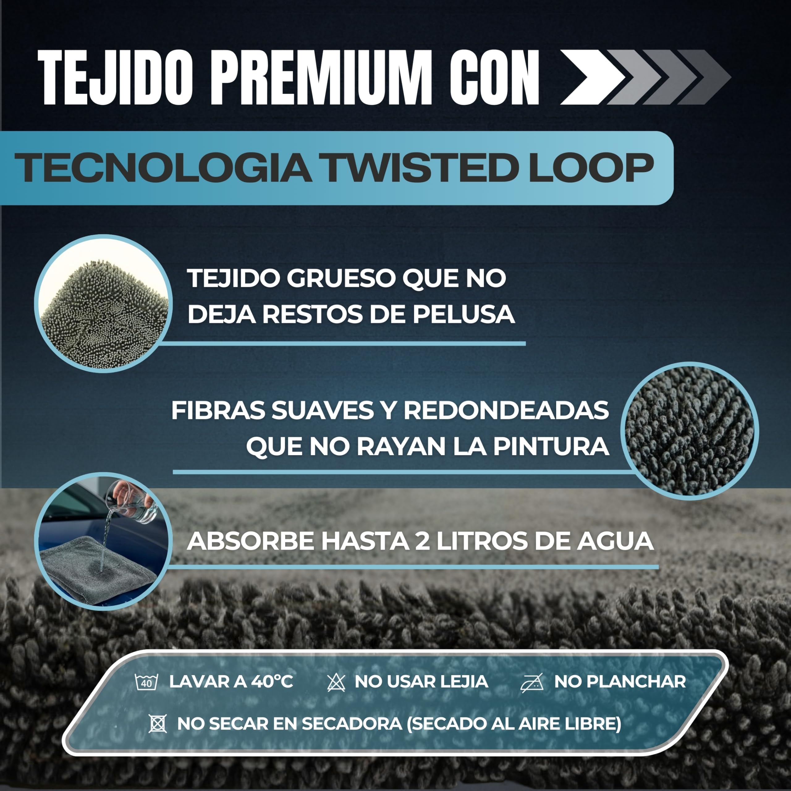 FENORA® Toalla Secado Coche 1200GSM (60×40cm) + 2 Paños Extra (30×30cm) + Bolsa Zip – Toalla Microfibra Coche Premium para Detailing Ultra Absorbente, No Raya — view 5