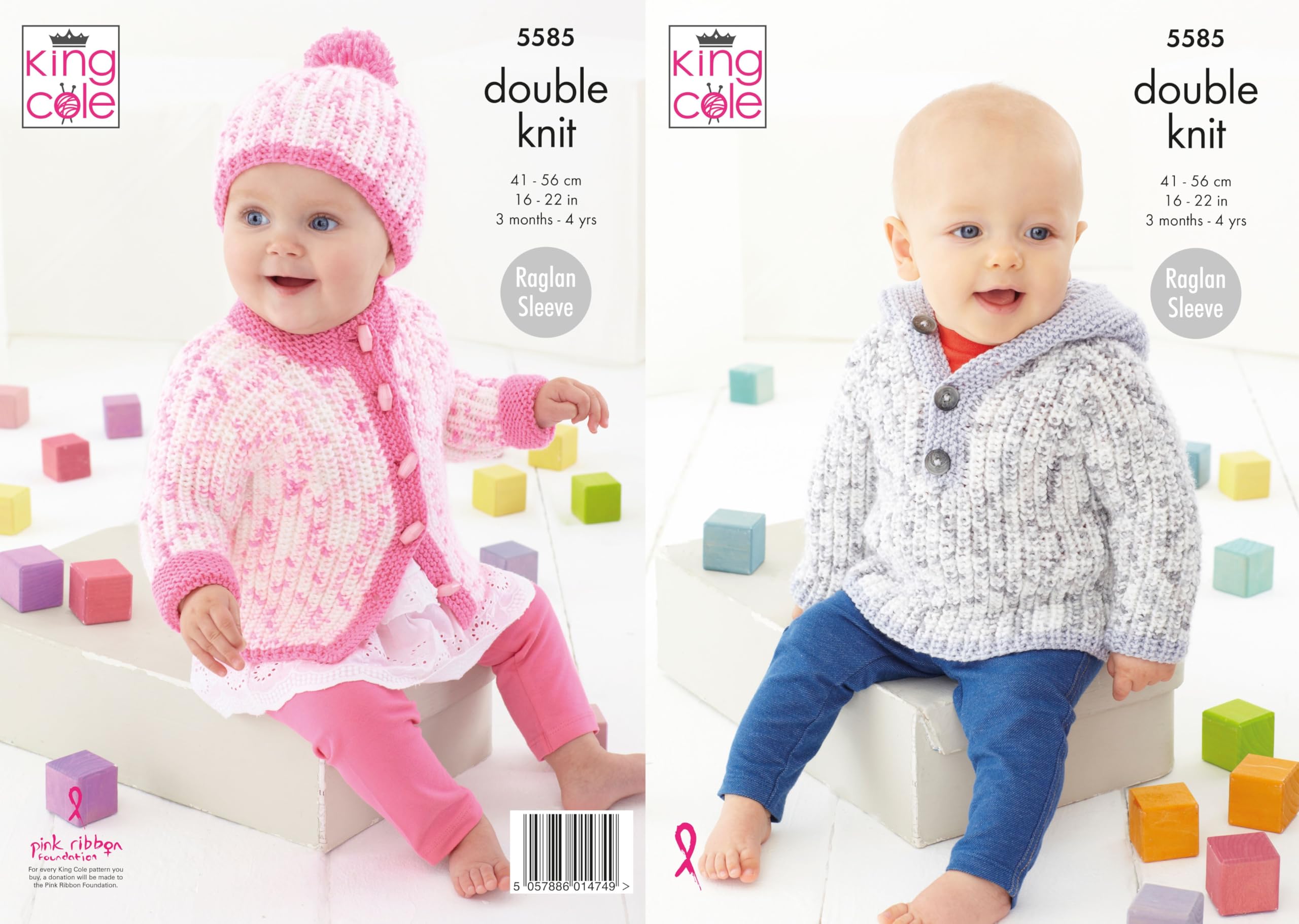 King Cole 5585 Knitting Pattern Baby Hoodie Jumper, Cardigan and Hat in Cherished DK Multicolor