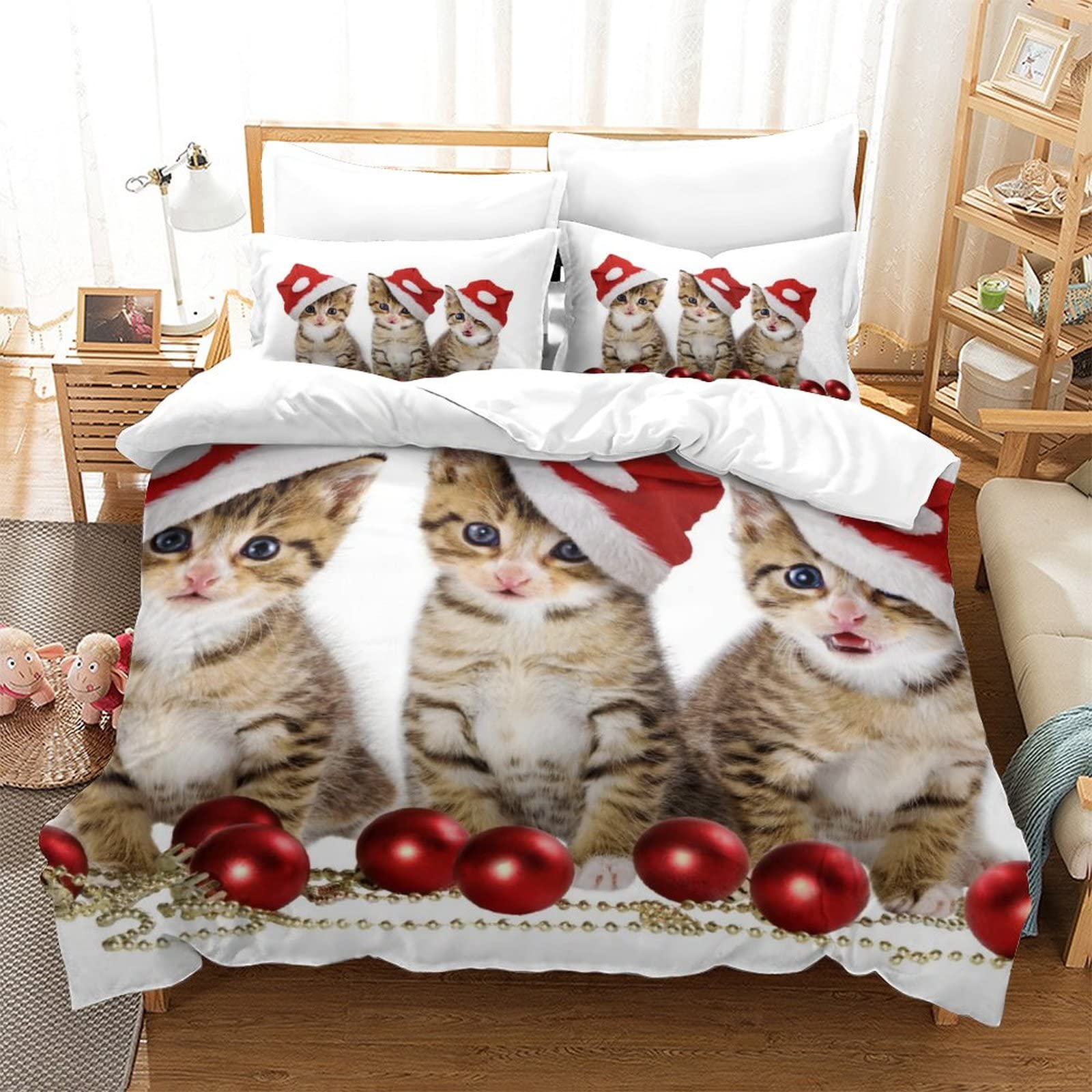 Housse de Couette Chat 3D King 220x240cm avec 2 taies d'oreiller pour lit adulte