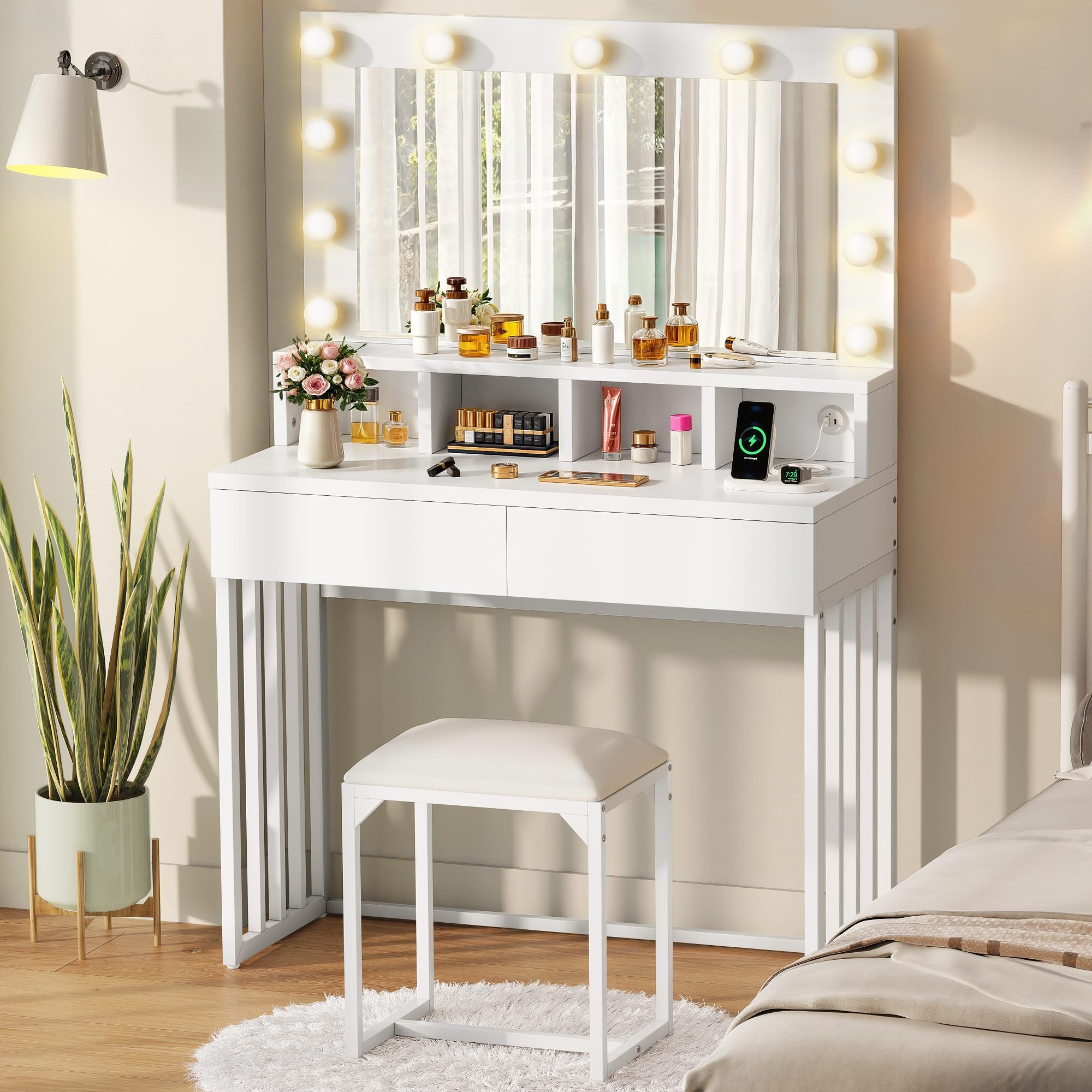 YITAHOME Coiffeuse avec Miroir et Tabouret, avec 2 tiroirs, lumières LED Hollywood, luminosité réglable, Table de Maquillage avec Pieds en métal, pour Chambre à Coucher, Blanc