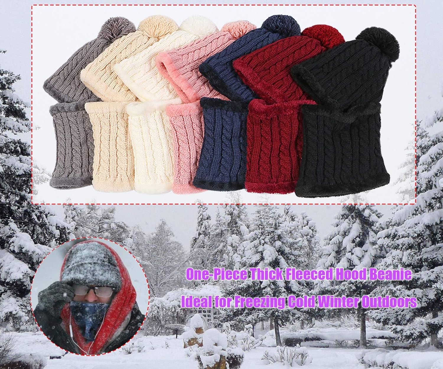HUAMULAN Women Winter Beanie Hats One Piece Fleece Lined Knit Balaclavas Mask Set Skull Neck Circle Scarf Ski Snow Hat Pompom - Image 8