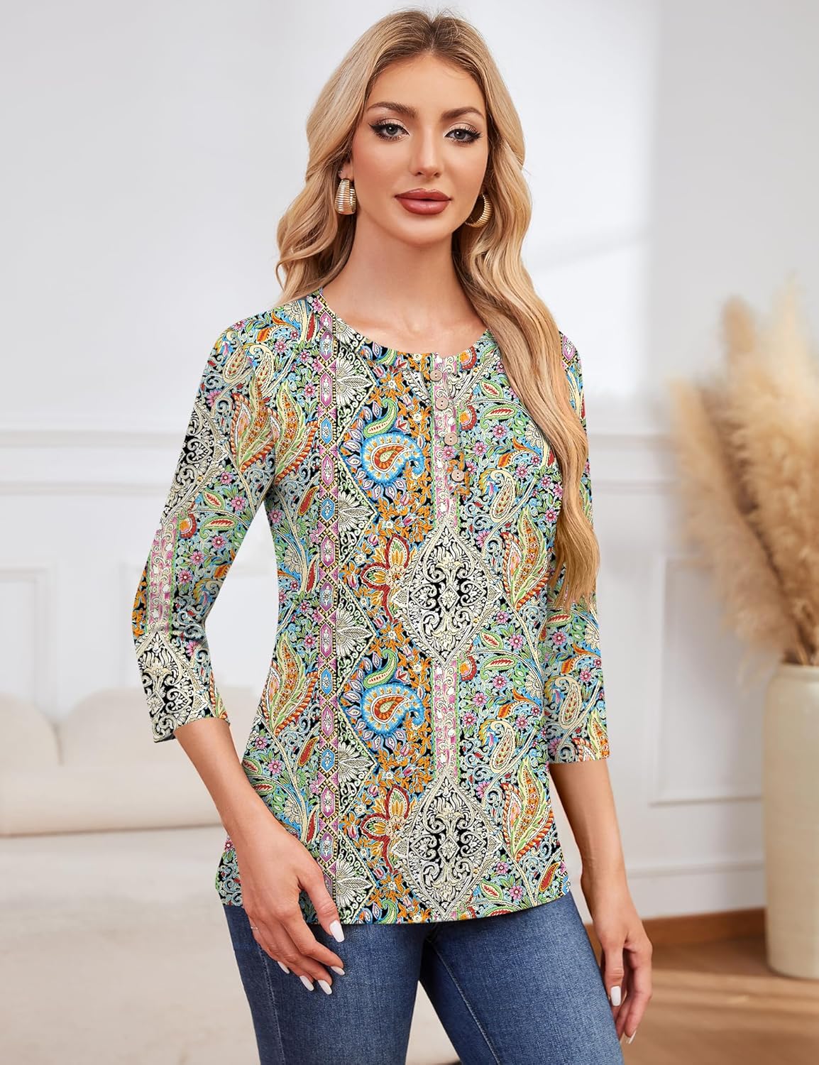 LOMON 3/4 Length Sleeve Womens Tops Dressy Casual Crewneck Pullover Tunics Summer Cute Blouses Fashion 2025 Tees Shirts - Image 4