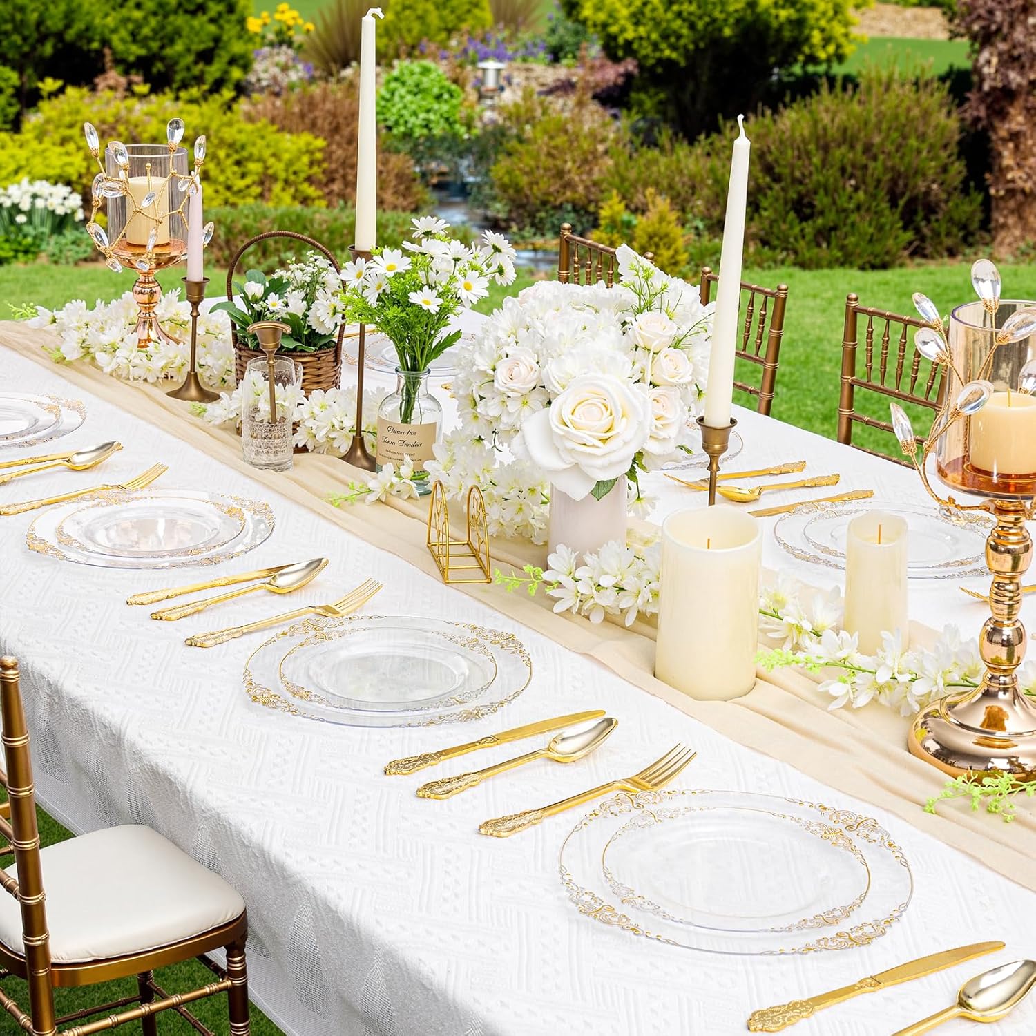 102PCS Clear Gold Plastic Plates - Clear Disposable Plates with Gold Rim - Clear Party Plate Include 51PCS Dessert Plates, 51PCS Dinner Plate for Weddings & Parties - Image 9