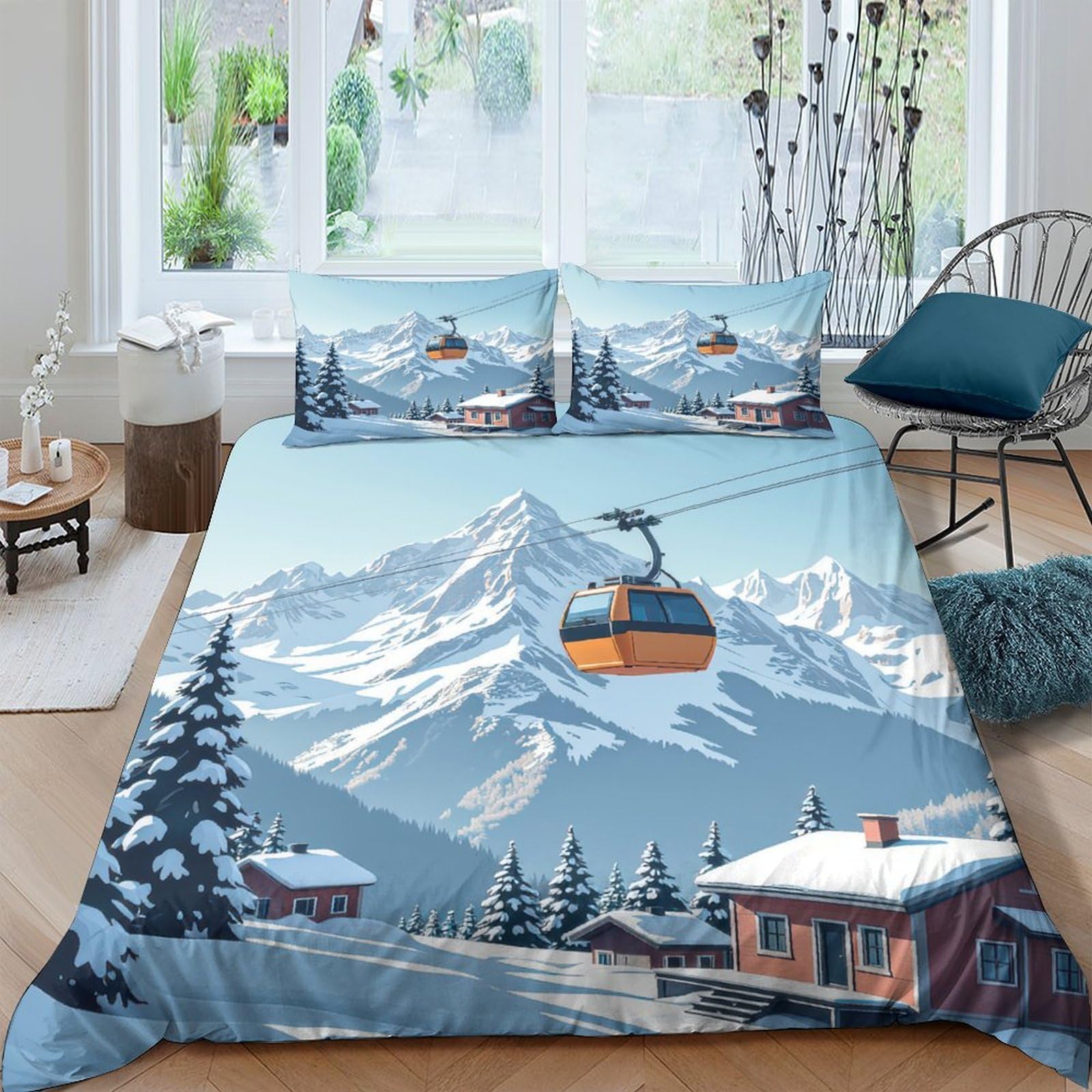 Ctjqhvkz Style-4 3D Printed Snow Mountain Fitted Sheet Microfiber Soft Winter Ski Cable Car Bed Cover For Bedroom Dorm Mattress Protection Decor Single（135X200cm）
