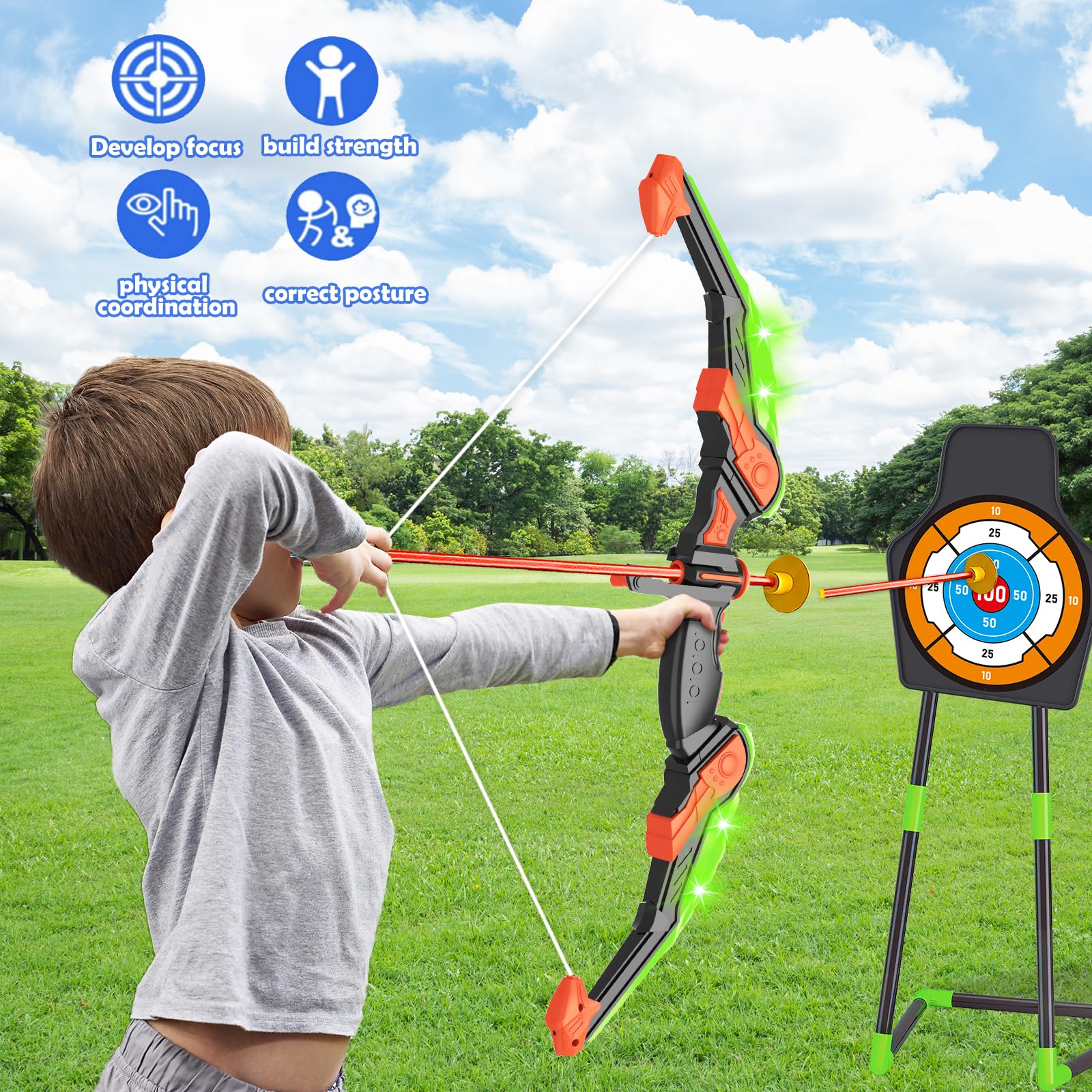 Doloowee Arc et flèche pour Enfants avec lumières LED – Ensemble de tir à l'arc amélioré Comprenant 1 Super Arc, 8 flèches à Ventouse, Cible 2 en 1 avec Jouets carquois à bandoulière