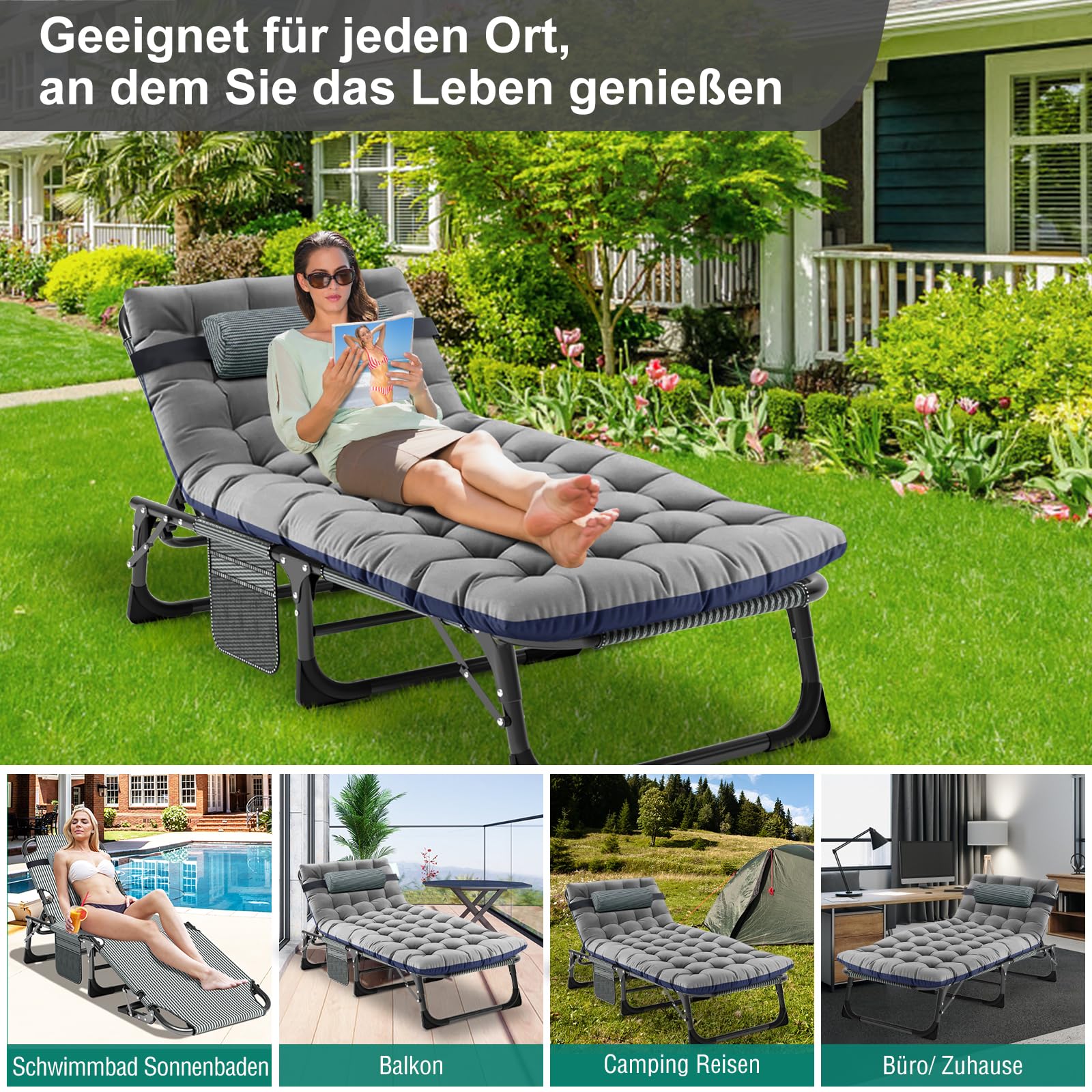 Folding Lounger, 200KG Belastbarkeit Klappbett Gästebett mit Matratze | mit Seitentaschen Kopfstütze, verstellbare Rückenlehne, Keine Montage erforderlich, geeignet für Garten, Sonnenbaden, Büro