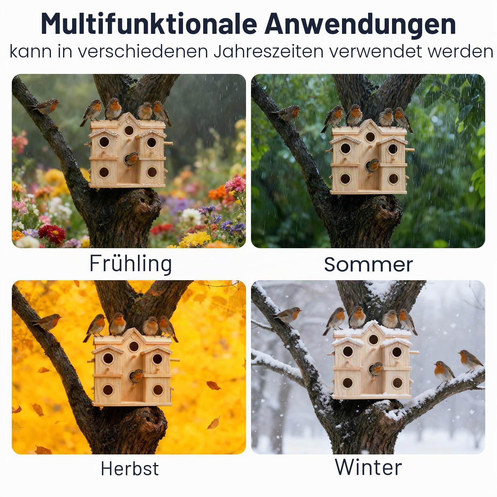 Mehrkammer-Vogelhaus aus Holz, 10 Nistfächer, Kiefer naturbelassen