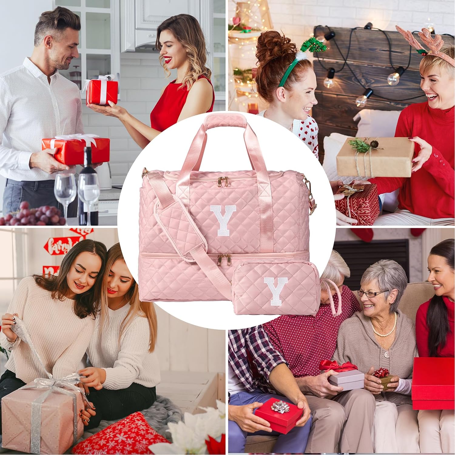 Personalized Initial Travel Bag, Quilted Duffle Bag, Weekender Bag for Women with Cosmetic Bag, Gym Bag with Shoe Compartment, Carry on Overnight Bag, Hospital Bag for Labor Delivery (Pink, Y)