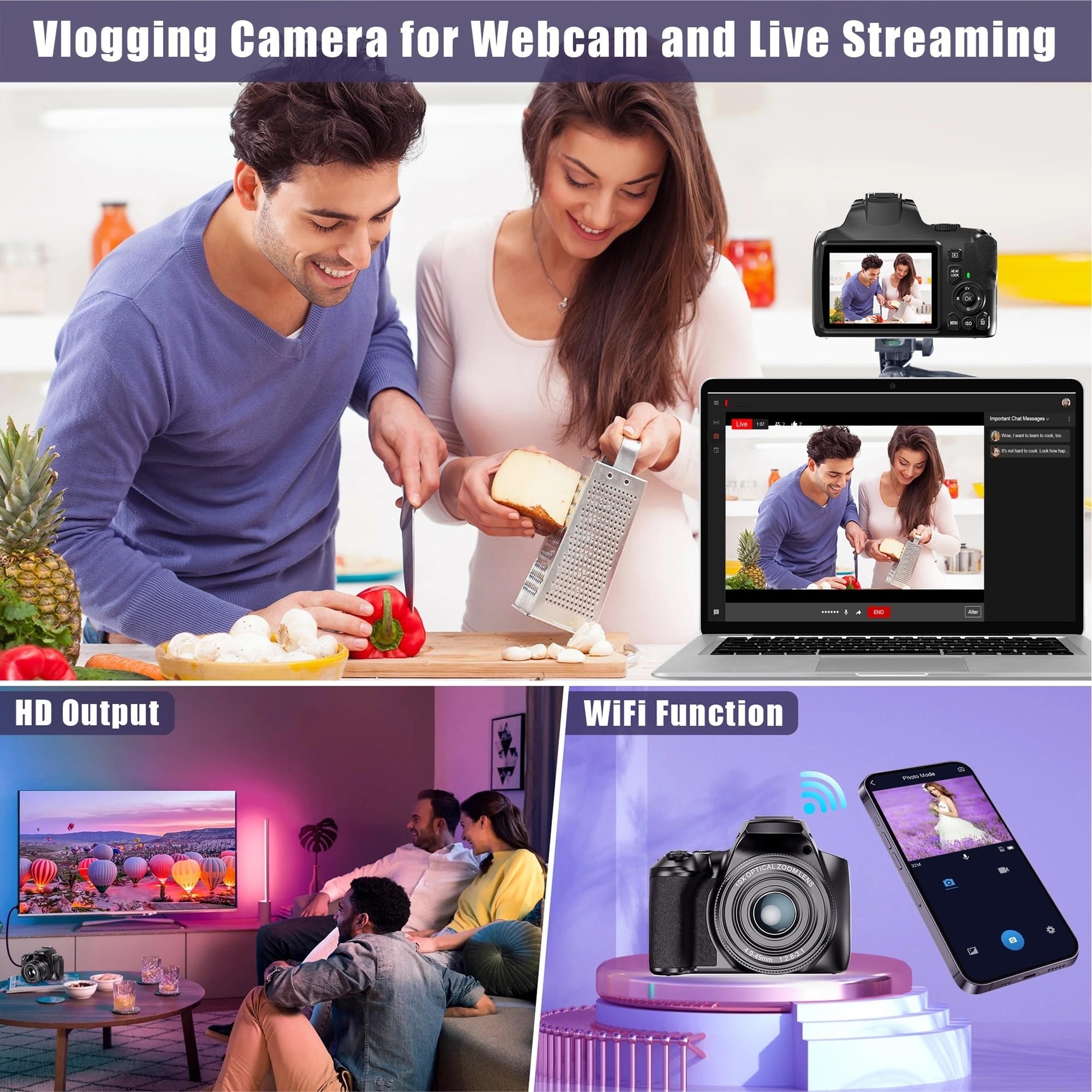 Kamera wideo, Cyfrowa lustrzanka 64 MP do fotografii, aparat z 10-krotnym zoomem optycznym Kamera wideo 4K HD Vlog Kamera internetowa Lustrzanki cyfrowe(5MP Add 64G,Dual Color Light)