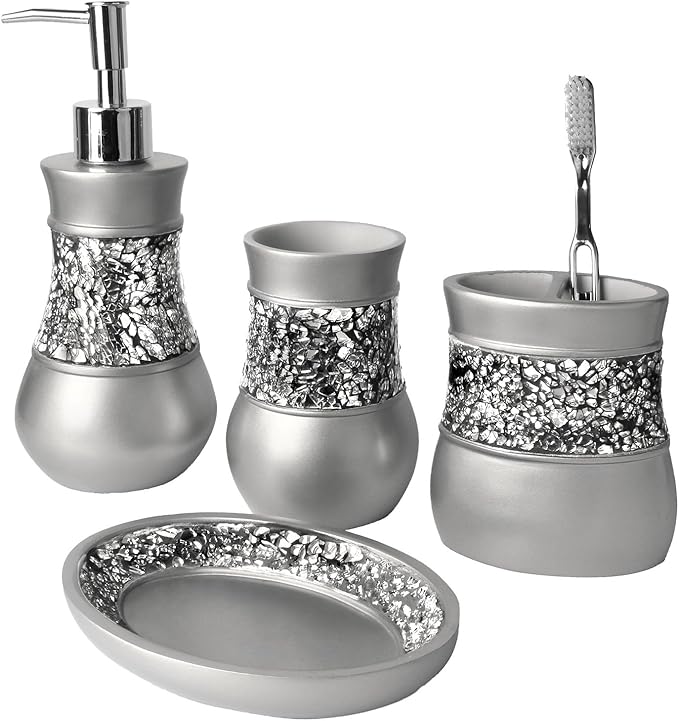 Silver Bathroom Accessories Sets Complete Mosaic Glass