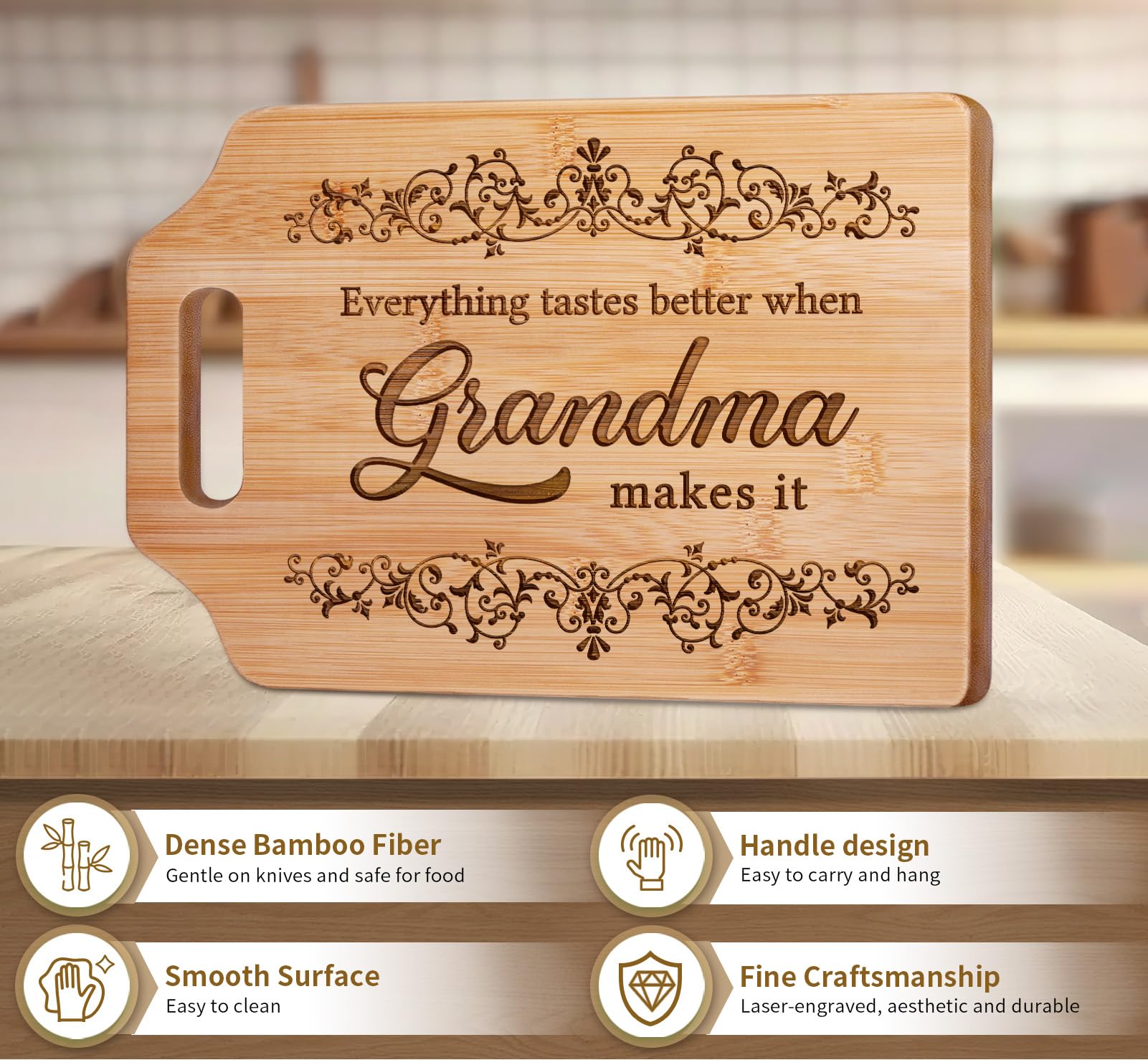 AceThrills Grandma Gifts for Grandma Birthday Gift from Grandkids - Engraved Bamboo Cutting Board 12.3"L x 8.7"W x 0.4"Th (Everything Tastes Better)