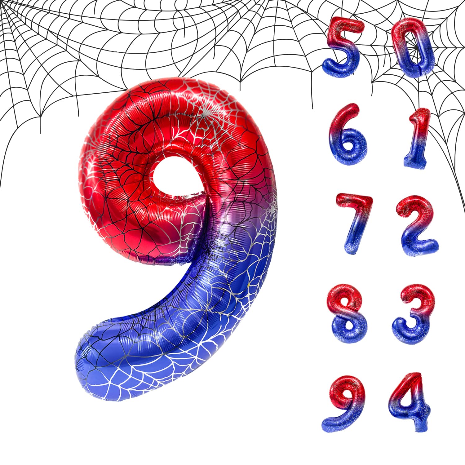 Spider Web 40Inch Foil Number Balloons Set 0-9 Includes Inflation Straws - Giant 7 Decor for Birthdays, Anniversary Party Arch Supplies (Spider, Number 9)