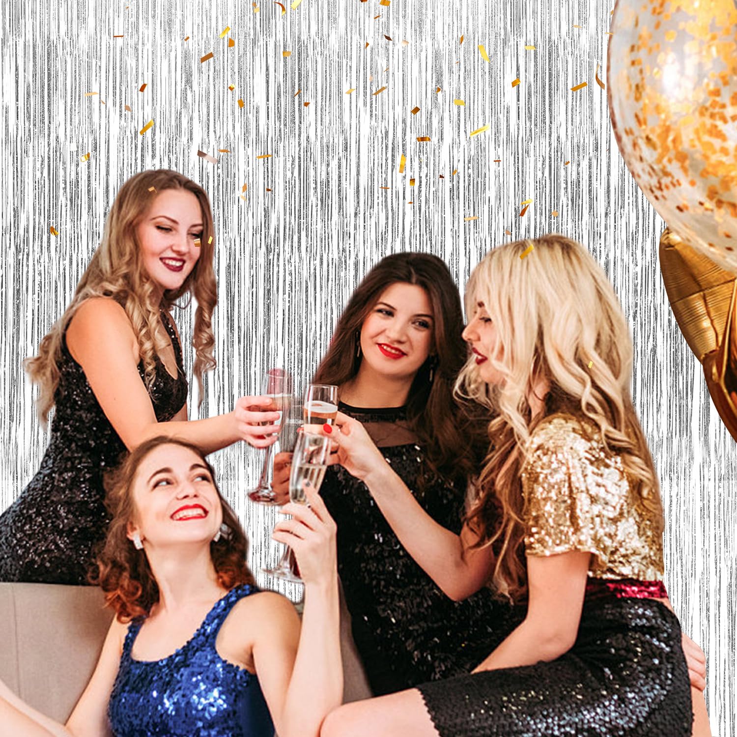 12 Pièces Argent Rideau Métallique de Frange, Rideau Anniversaire Argenté, Rideaux à Franges, Paillette Rideau Frange pour Photographie La Fête Mariage Noël Halloween Party, 1m * 2m