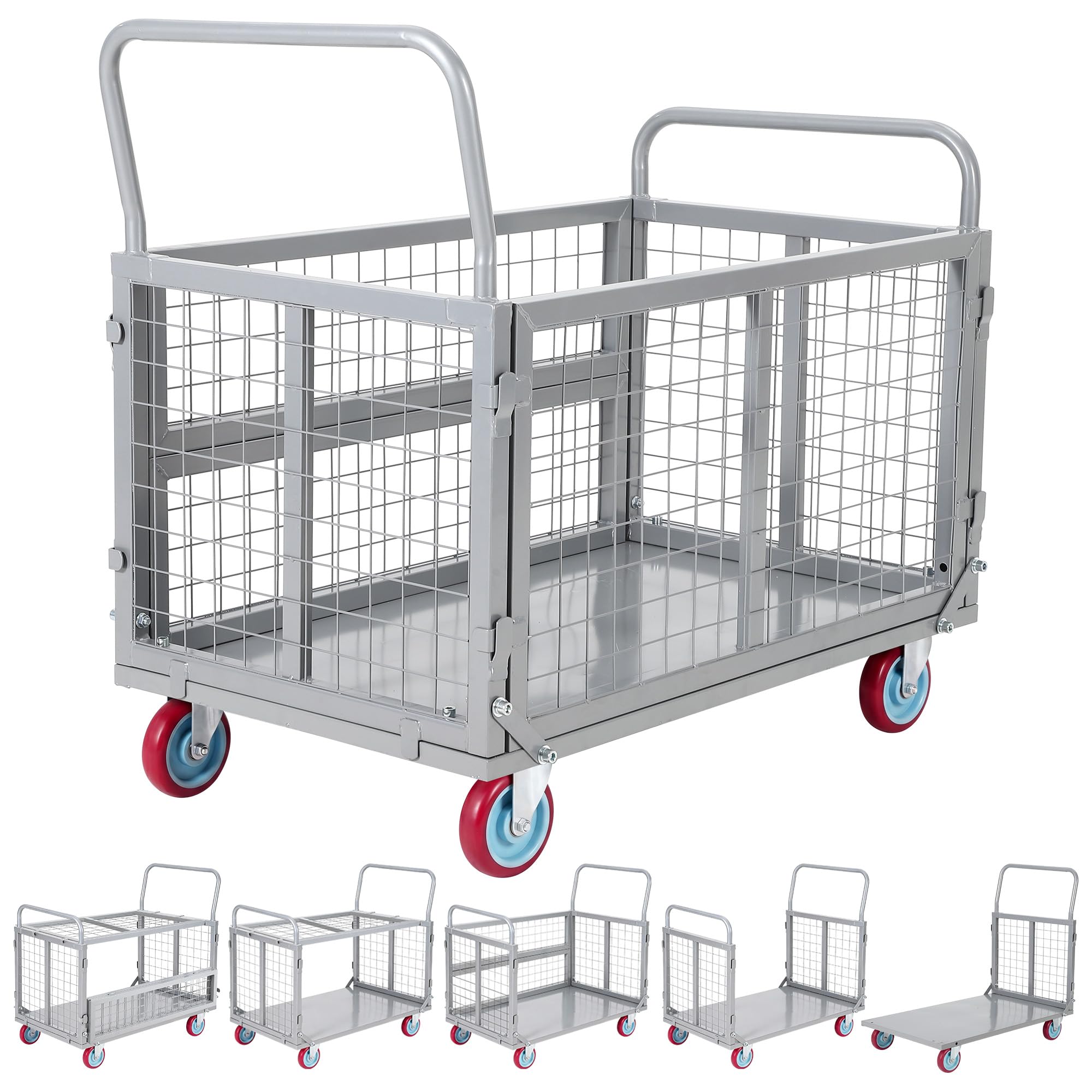 Garvee カゴ台車 メッシュ台車 大型 耐荷重910kg 6IN1変形可能 ブレーキ付き 倉庫 工場 店舗 引越し 重量物家庭用 業務 シルバー | 多機能6IN1 手押し式 360度回転キャスタ 折りたたみ収納 物流センター