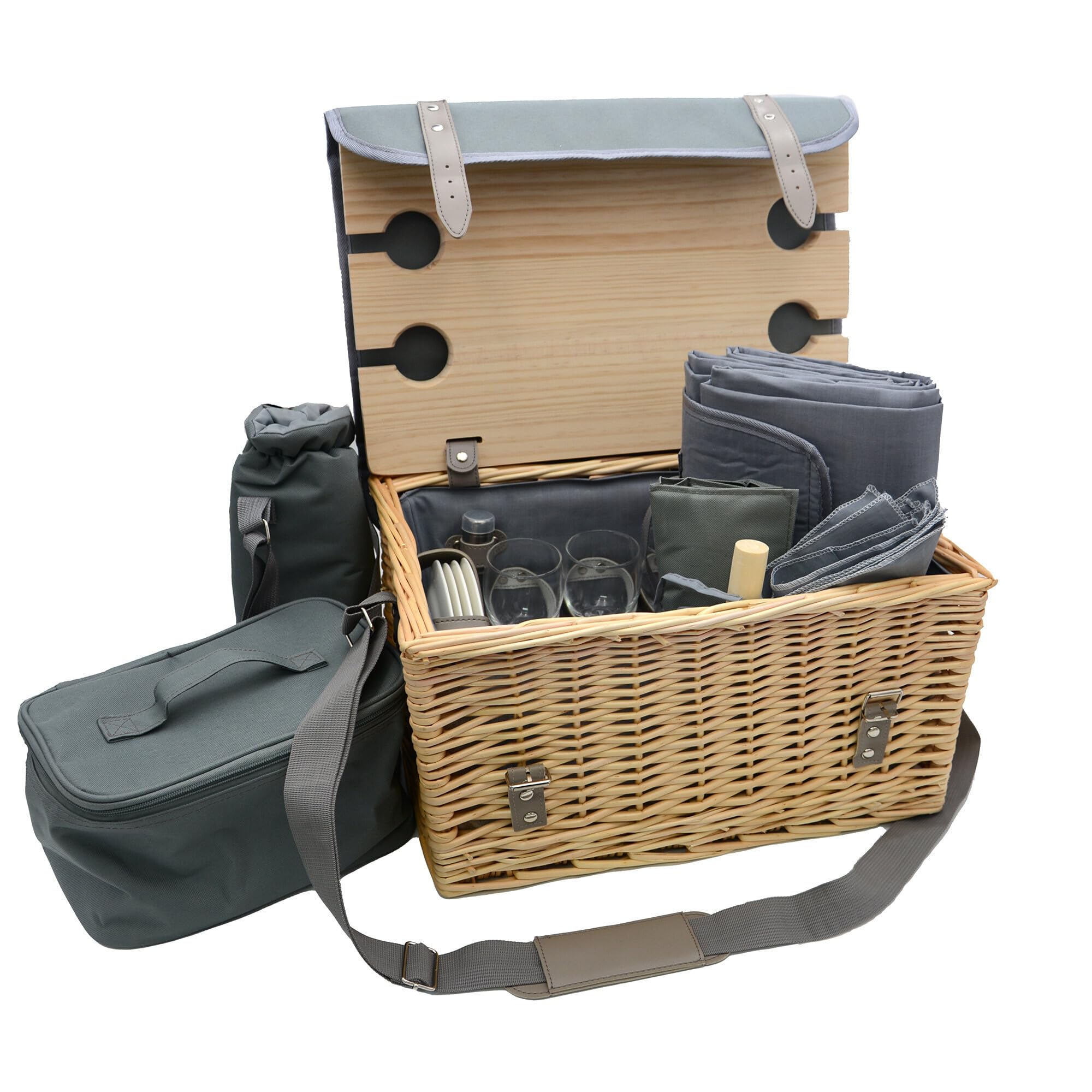 UNUS Picknickkorb 4-Personen 33-teiliges Komplettset mit Serviertisch, Picknickdecke und Geschirr