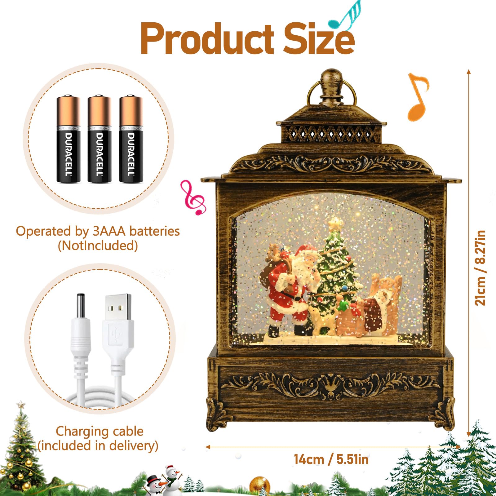 Gerbala Weihnachts Schneekugel Laterne, Schneekugel Weihnachten mit Musik, Weihnachts Schneelaterne, Leuchtend, USB/Batteriebetrieb, Laterne Weihnachten für Weihnachtsdeko und Geschenk-01