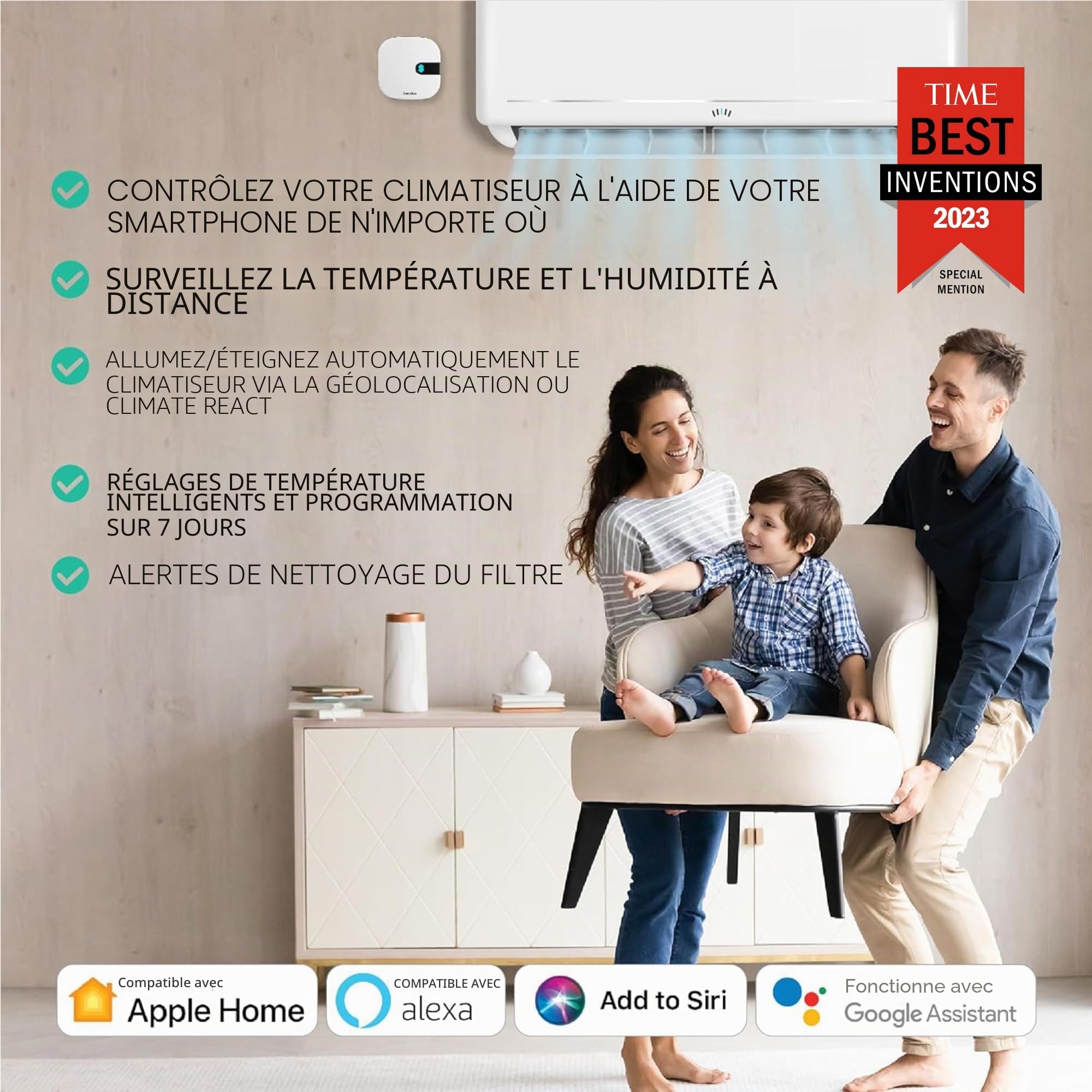 Sensibo Air - Contrôleur intelligent sans fil pour climatiseur. Installation facile. Confort optimal. Application pour contrôle Wifi auto du thermostat. Compatible Google, Alexa, Siri et Apple HomeKit