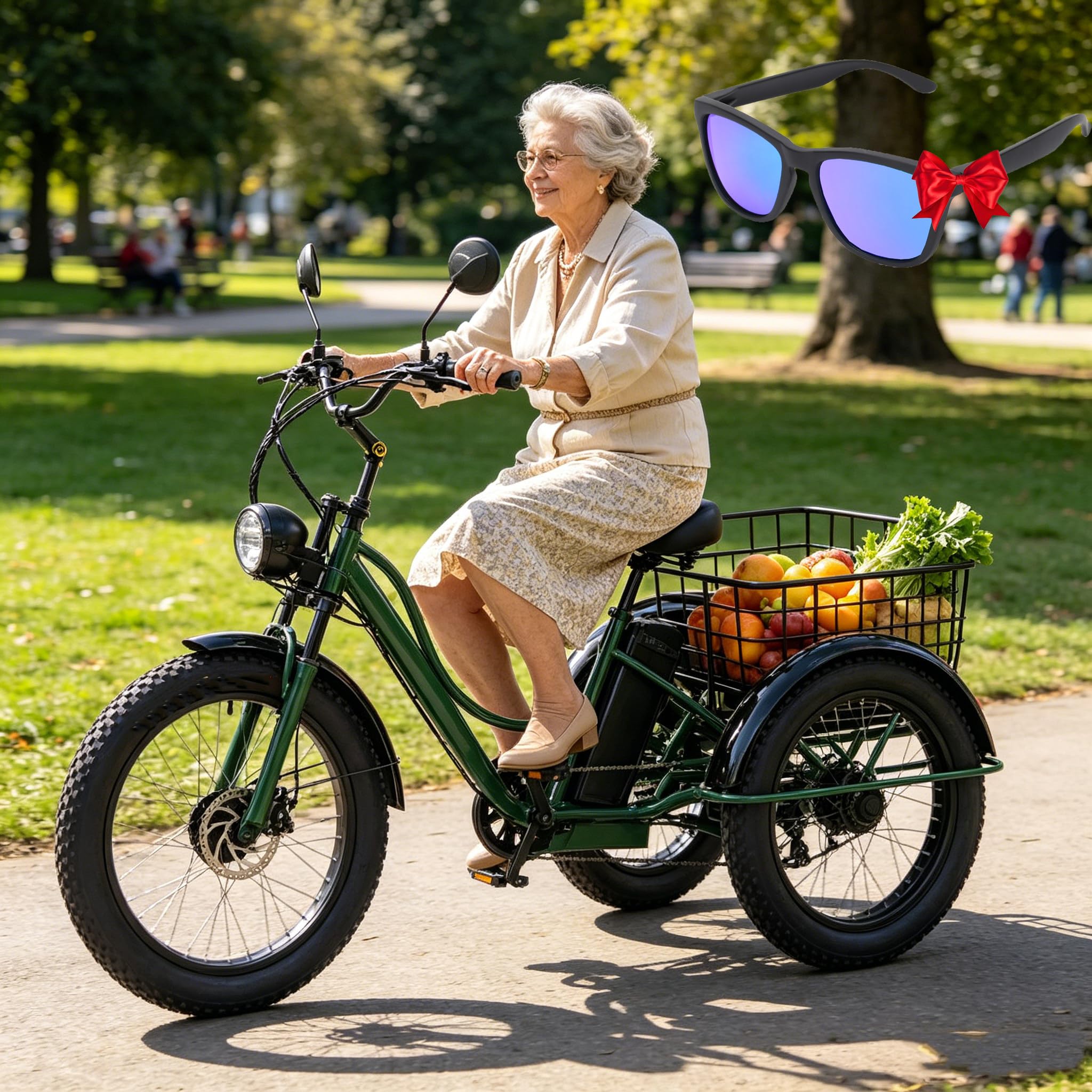 LISTaRSw 24 Inch Adult Electric Tricycle W/Basket, Electric Cargo Tricycle for Seniors, Lcd Screen, Carbon Steel Frame, Fat-Tire Tricycle for Adults, 200kg Load Capacit Green