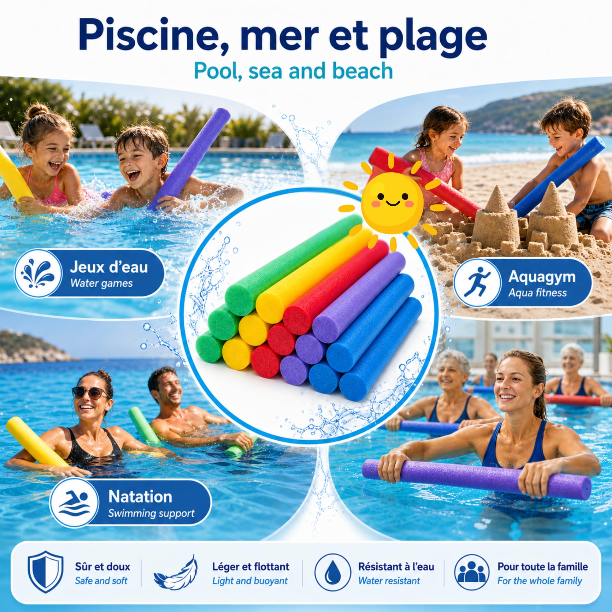 Lot 10 Frites de Piscine Mousse Flottantes 160 cm x 6,5 cm - Multicolores Souples et Resistantes - Accessoires Jeux Eau Piscine Mer Plage Aquagym Natation Enfants Adultes - Fun Noodle - Nouille