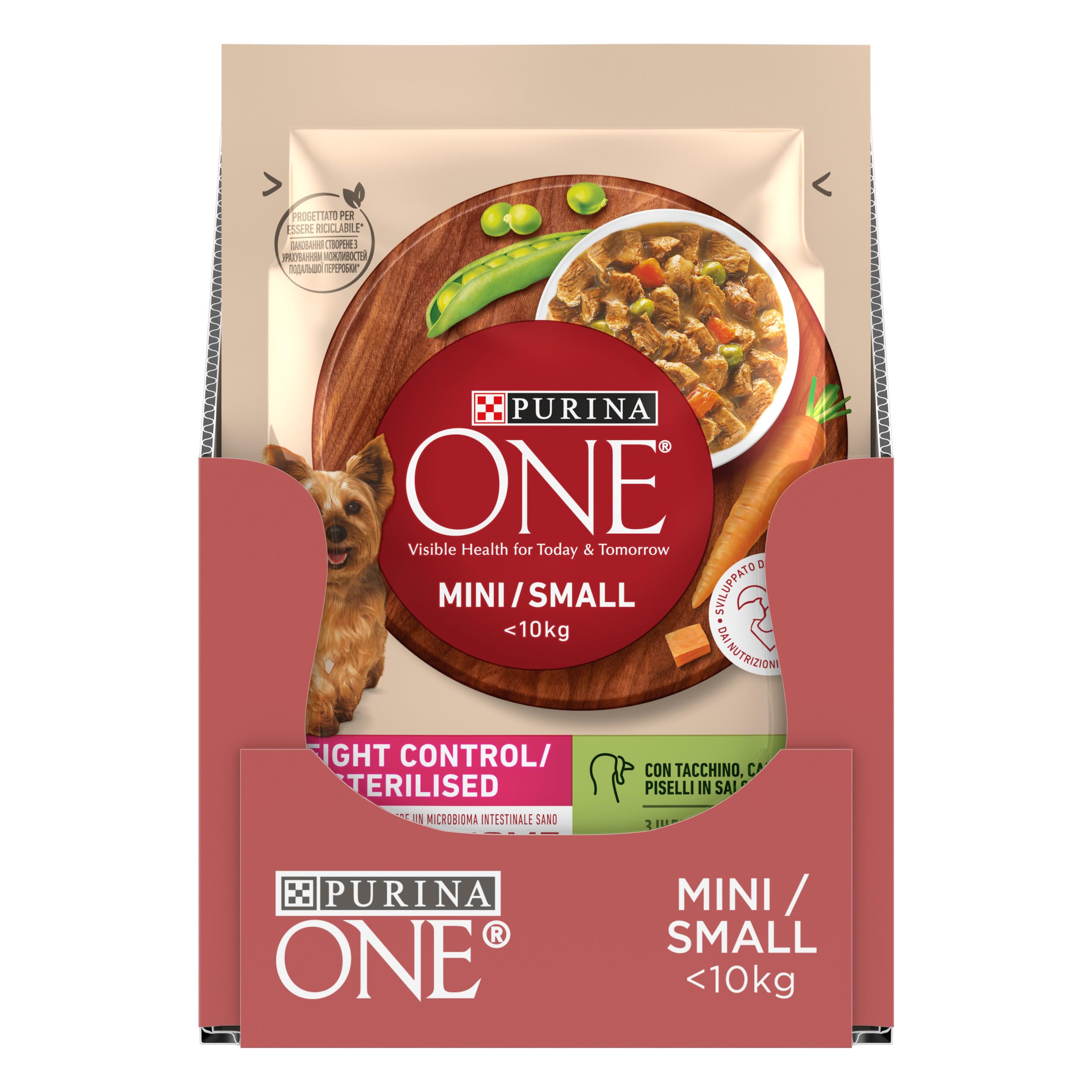 PURINA ONE Small&Mini < 10kg Controllo del peso Cibo Umido per Cani Adulti con Tacchino, Carote e Piselli 26 bustine da 85g