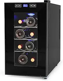 BLACK+DECKER Geladeira de vinho com 8 garrafas, termoelétrica, geladeira de vinho pequena com porta de vidro transparente de painel triplo, mini geladeira de vinho, BD60026