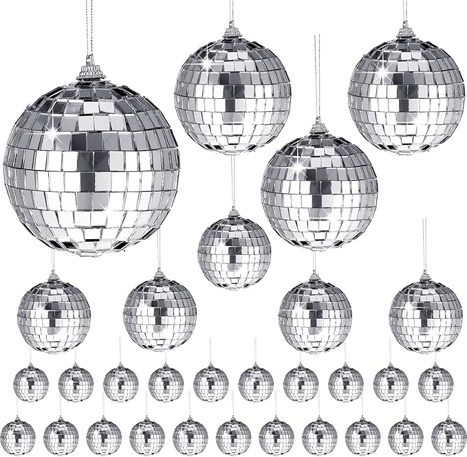 30 Pieces Mirror Disco Ball Silver Hanging Disco Ball with Rope Small