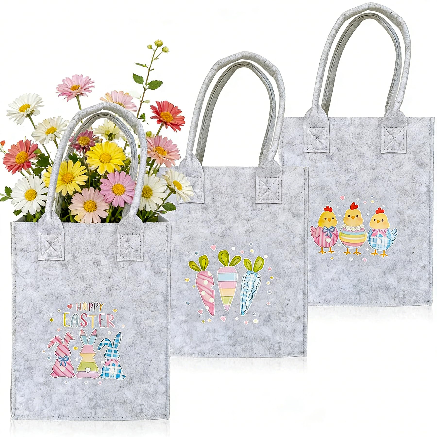 3 Stück Ostern Filztaschen Geschenktaschen,Blumen 36 x 18 cm Ostertasche mit Henkel,Osterkörbchen zum Befüllen,Ostertüten Aufbewahrung,Oster Geschenktüten für Eiersuche Blumen Partyzubehör Dekoration