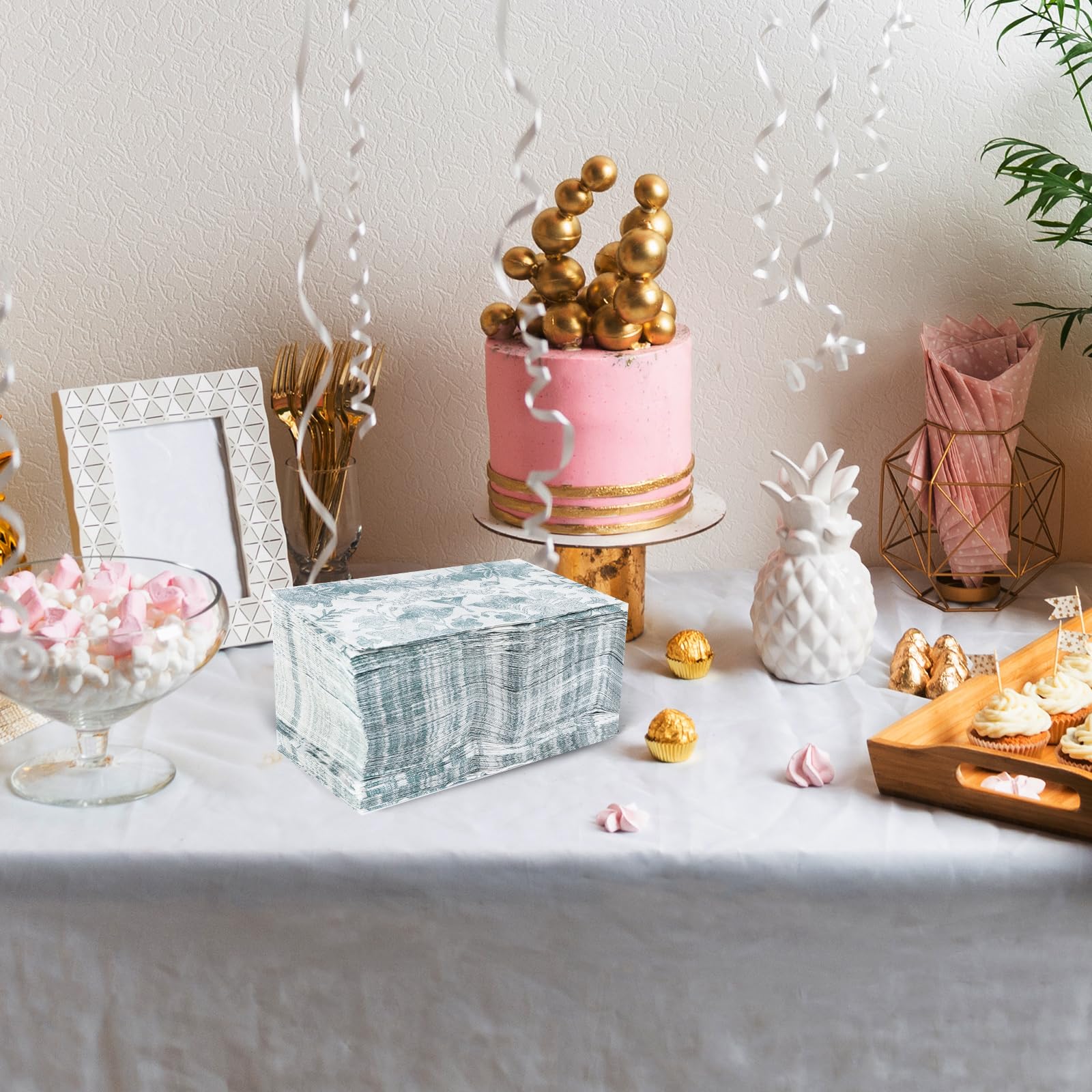 Paquete de 100 servilletas de baño desechables con tacto de lino floral, servilletas de papel decorativas, toallas de mano de papel para baño, servilletas de postre plegadas de 7.8 x 4.3 pulgadas,