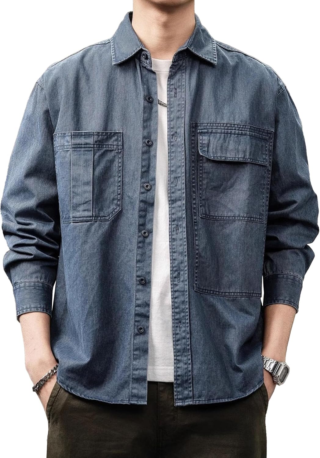 Mens Long Sleeve Pocket Trim Shirt Jacket Fall Slim Fit Japan Style Denim Shacket Button Up Simple Shirt Top (Blue,4X-Large)
