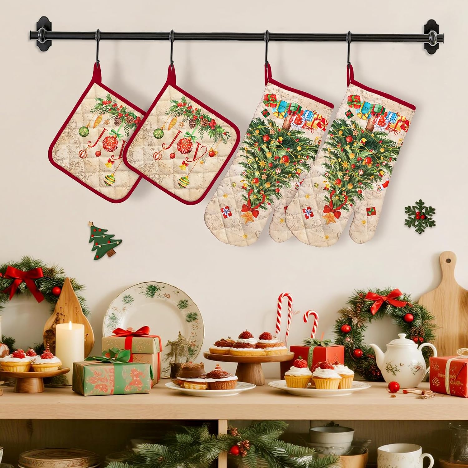 Christmas Tree Oven Mitts and Pot Holders Sets 4Pcs, 100% Cotton Heat Resistant, Extra Long Oven Gloves Potholder for Kitchen Cooking Baking Decoration - Image 2