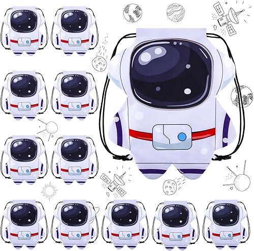 12 bolsas de recuerdo de fiesta con temática del espacio exterior, bolsas con cordón para decoración de naves espaciales, Blanco, Negro, Astronauta