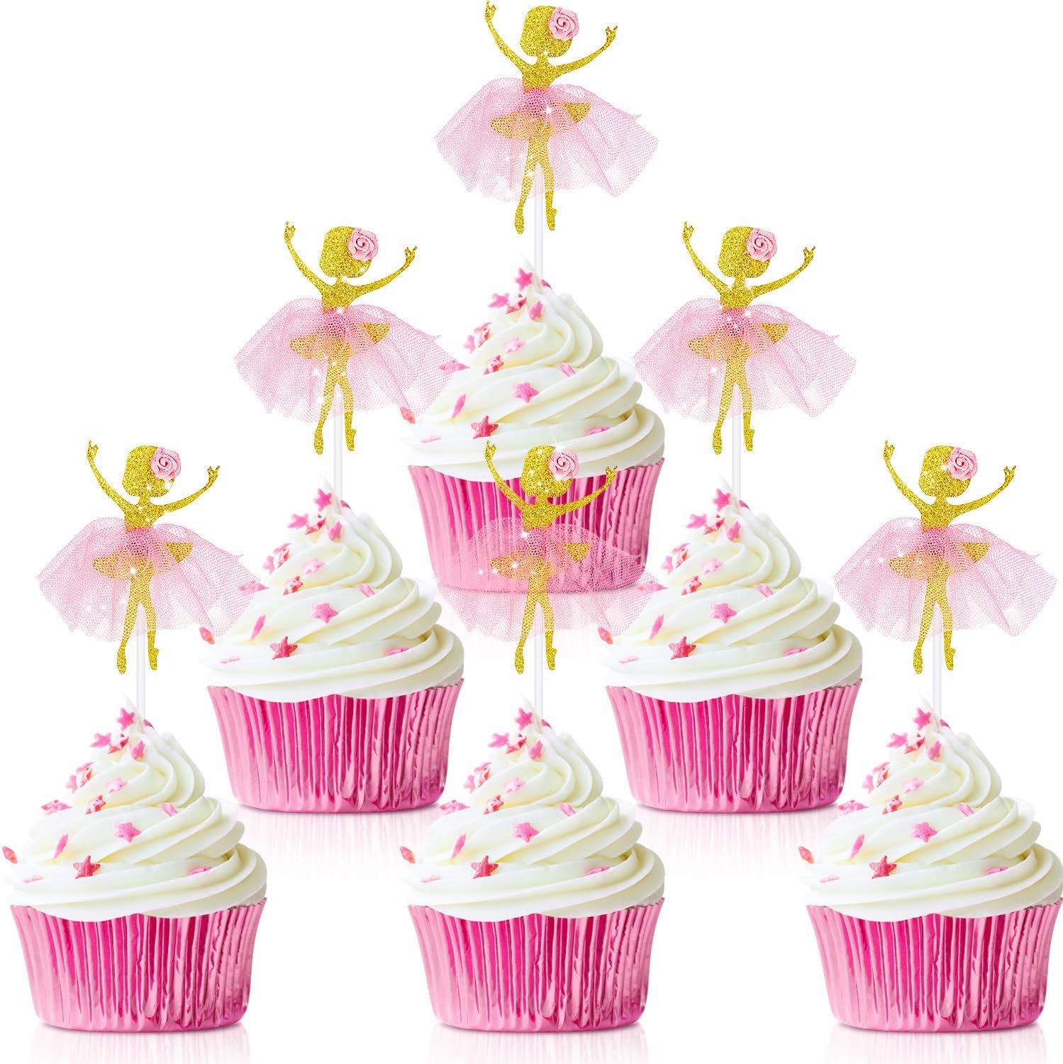 Blulu 48 Pieces Ballerina Tutu Ballet Dancer Girls Cupcake Toppers Dancing Cake Dessert Muffin Toppers for Wedding Baby Shower Birthday Party