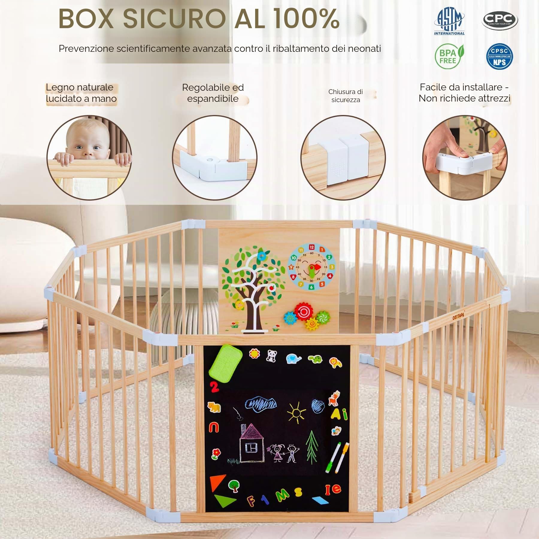 Box per bambini in legno tutto in uno con porta, recinzione da gioco regolabile in legno con lavagna magnetica su entrambi i lati, lavagna bianca e giocattoli per attività Montessori, centro attività