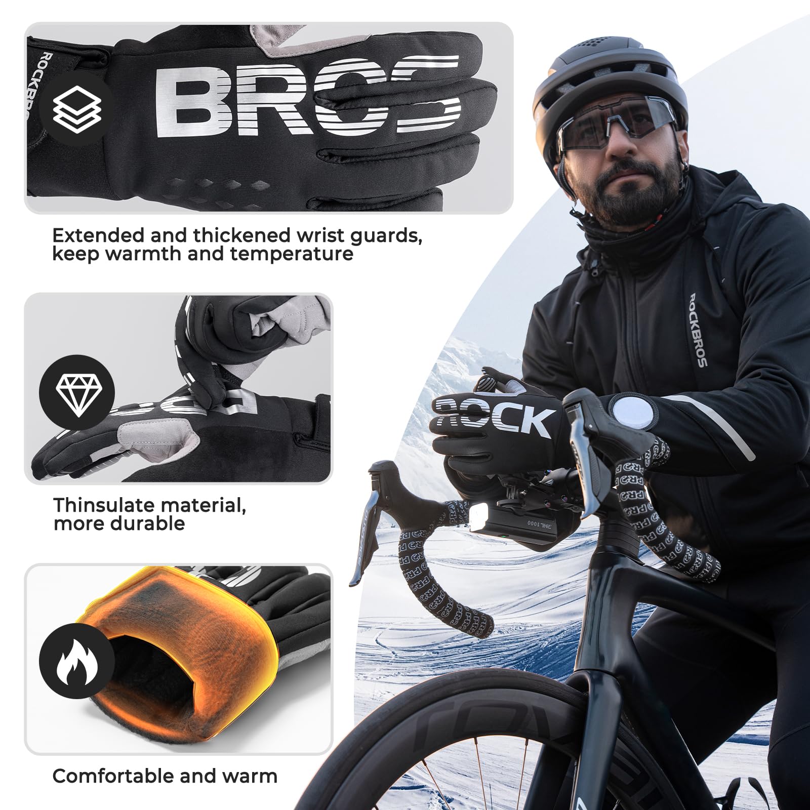 ROCKBROS Gants Thermiques d'hiver pour Homme et Femme, Gants Vélo Écran Tactile pour Course, Cyclisme, Escalade, Randonnée, Ski, Activités de Plein Air Noir S-XXL